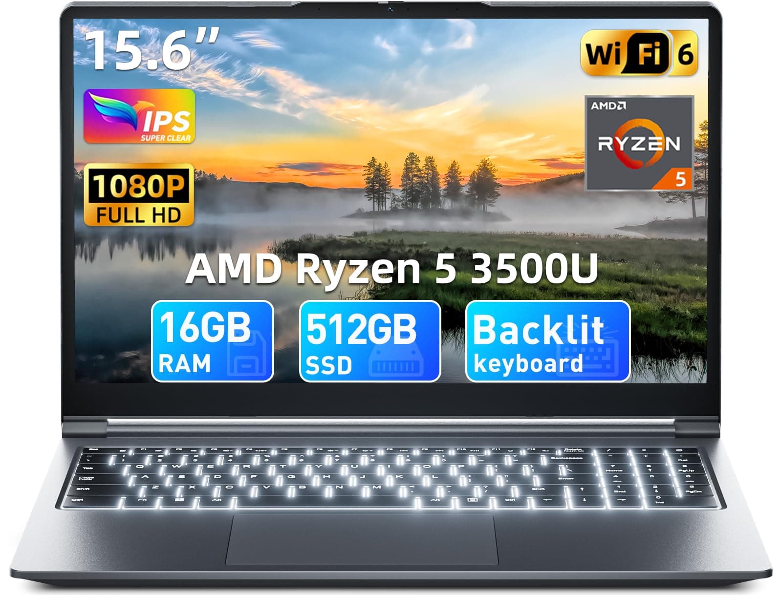 15.6 Zoll Laptop 16GB RAM 512GB ROM, Enthaltene AI Copilot, AMD R5 (übertrifft i5-13420H, bis zu 3.6GHz), FHD Display Notebook, WiFi 6 USB 3.0, Full-Function Type-C Schwarz 15.6 Zoll
