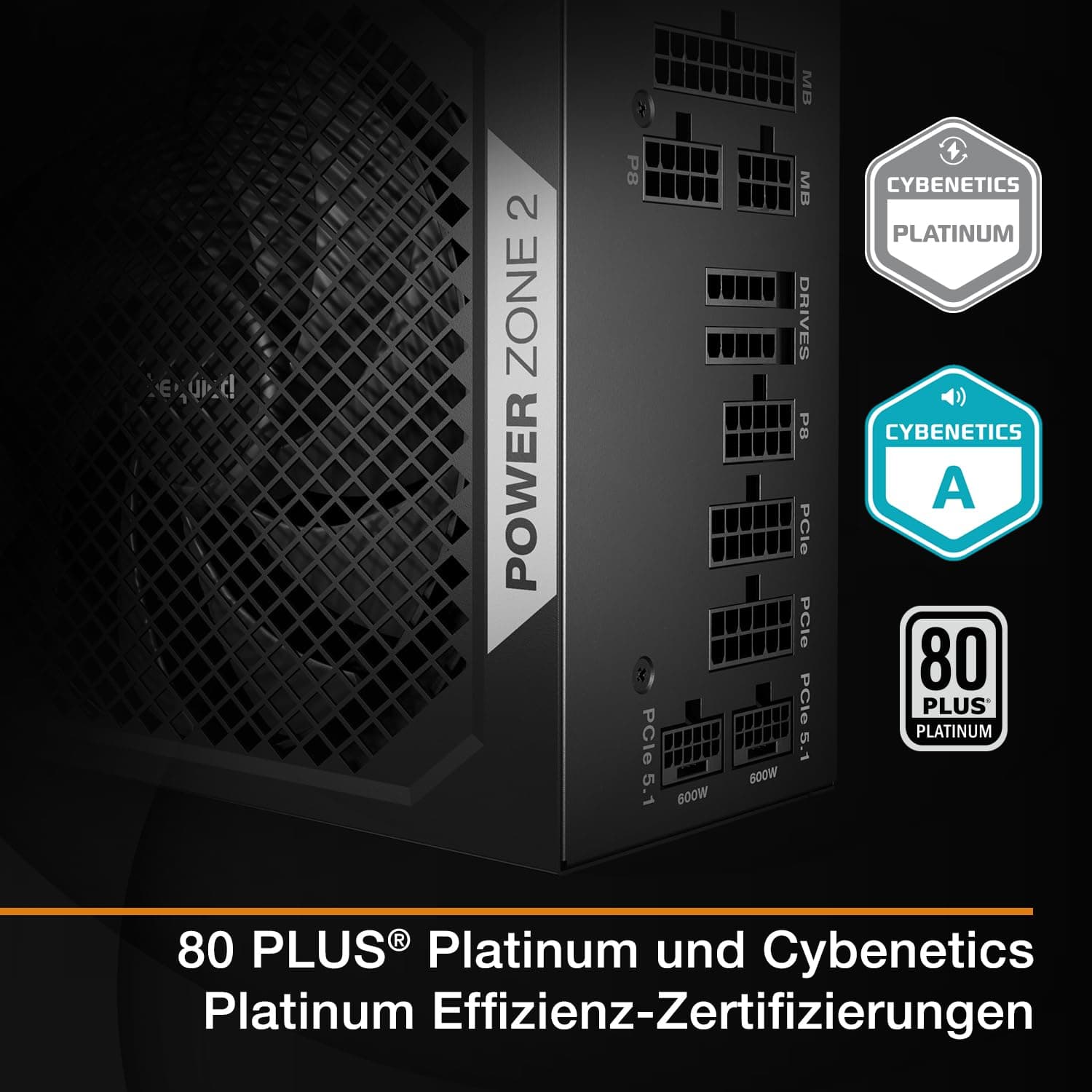 be quiet! Power Zone 2 1200W Netzteil, 80 Plus Platinum und Cybenetics Platinum Zertifizierung, semi-Passive Kühlung, Pure Wings 3 140mm Lüfter, 90° abgewinkelter 12V-2x6-Anschluss, PCIe 5.1/ATX 3.1 Bild 3