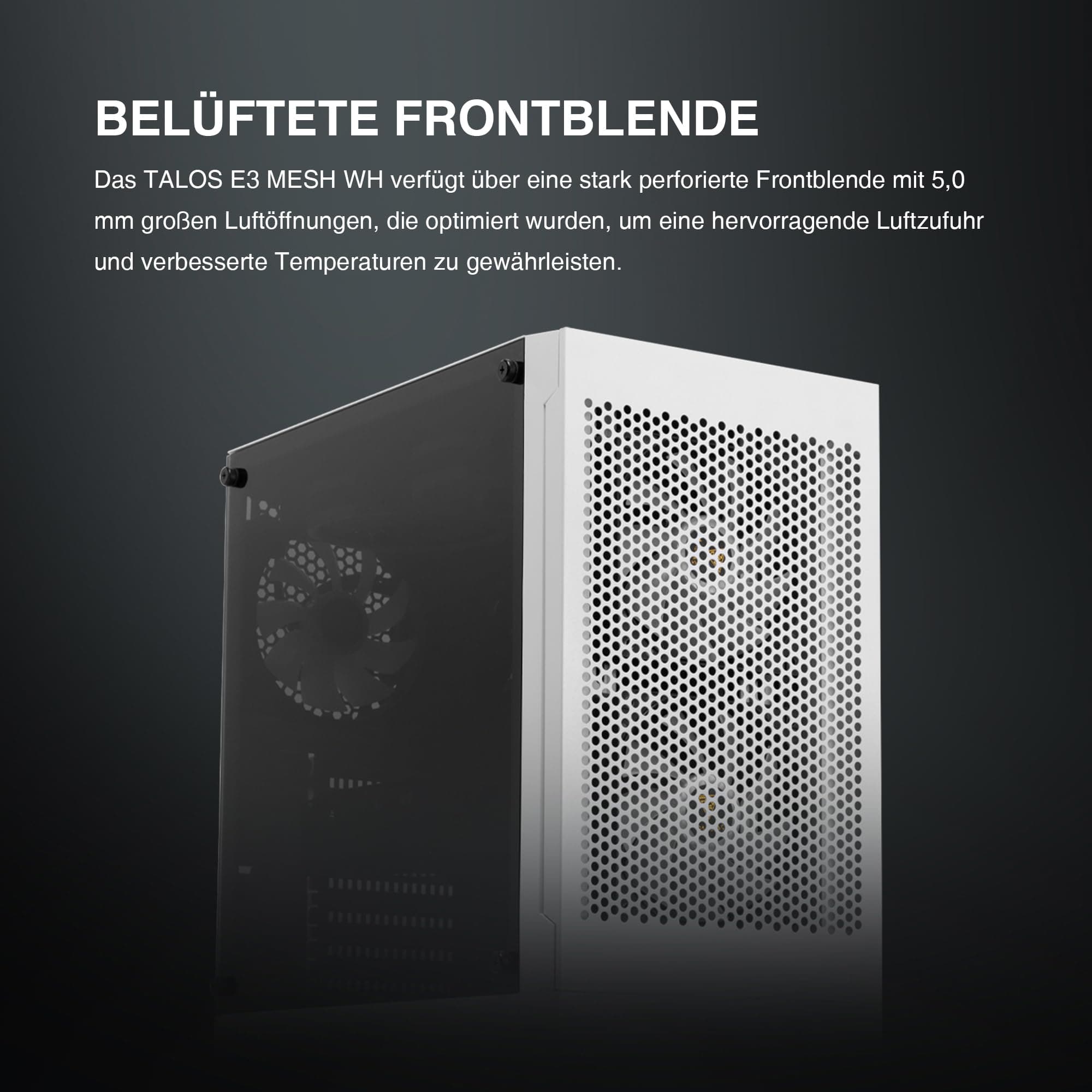 GAMDIAS ATX Mid-Tower Gaming-PC-Gehäuse, Enthält 3 x 120 mm ARGB-Lüfter, High Airflow Mesh Front, Gehärtetes Glas-Seitenteil, PSU-Abdeckung, Weiß TALOS E3 MESH WH Bild 3