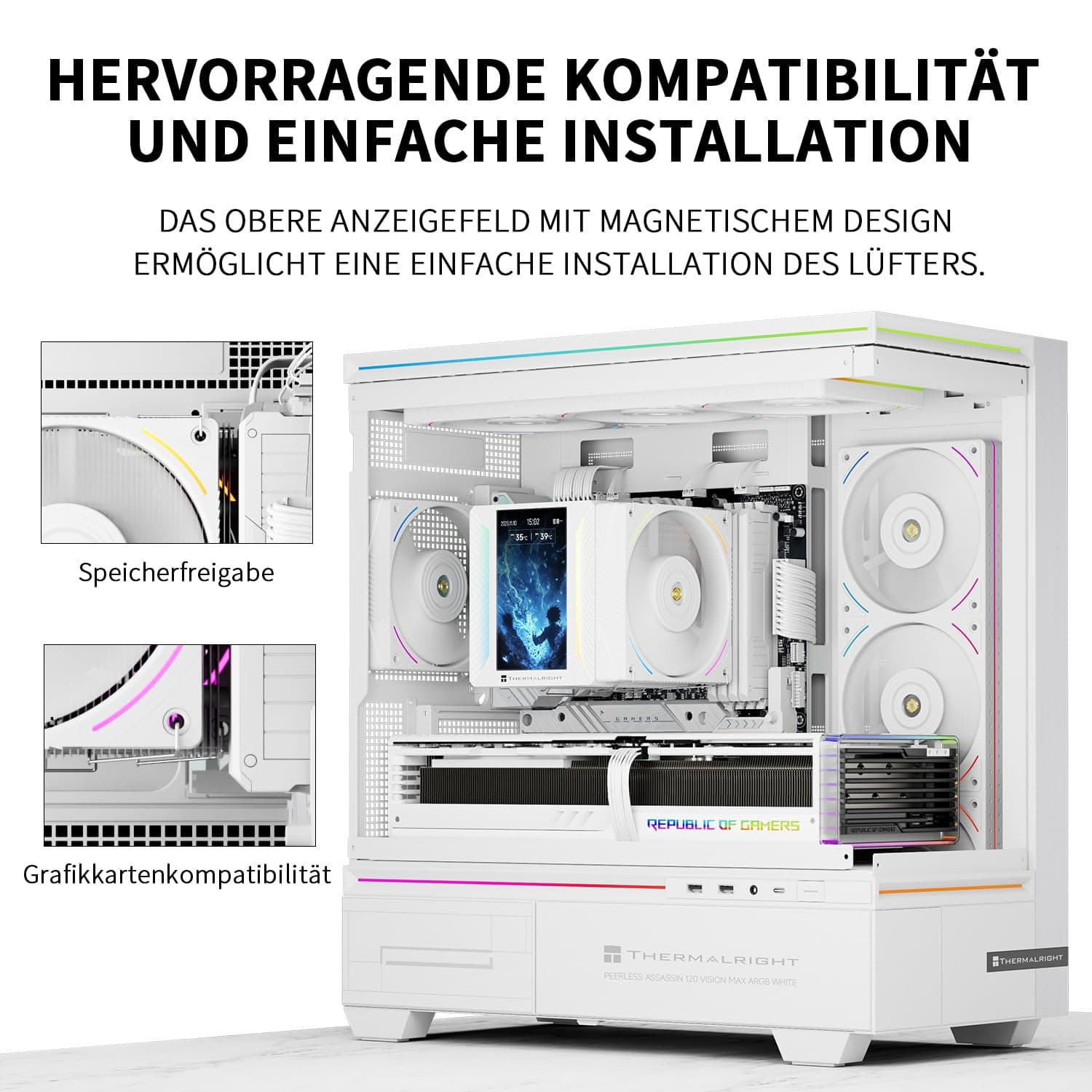 TR Peerless Assassin 120 VISION MAX ARGB White CPU-Luftkühler, PC-Kühler mit 2x TL-K12 PWM-Lüftern, 5 Zoll magnetischem Display (480x854 Auflösung), für LGA1851/1700 & AM5 PA120 V MAX ARGB WHITE Bild 7