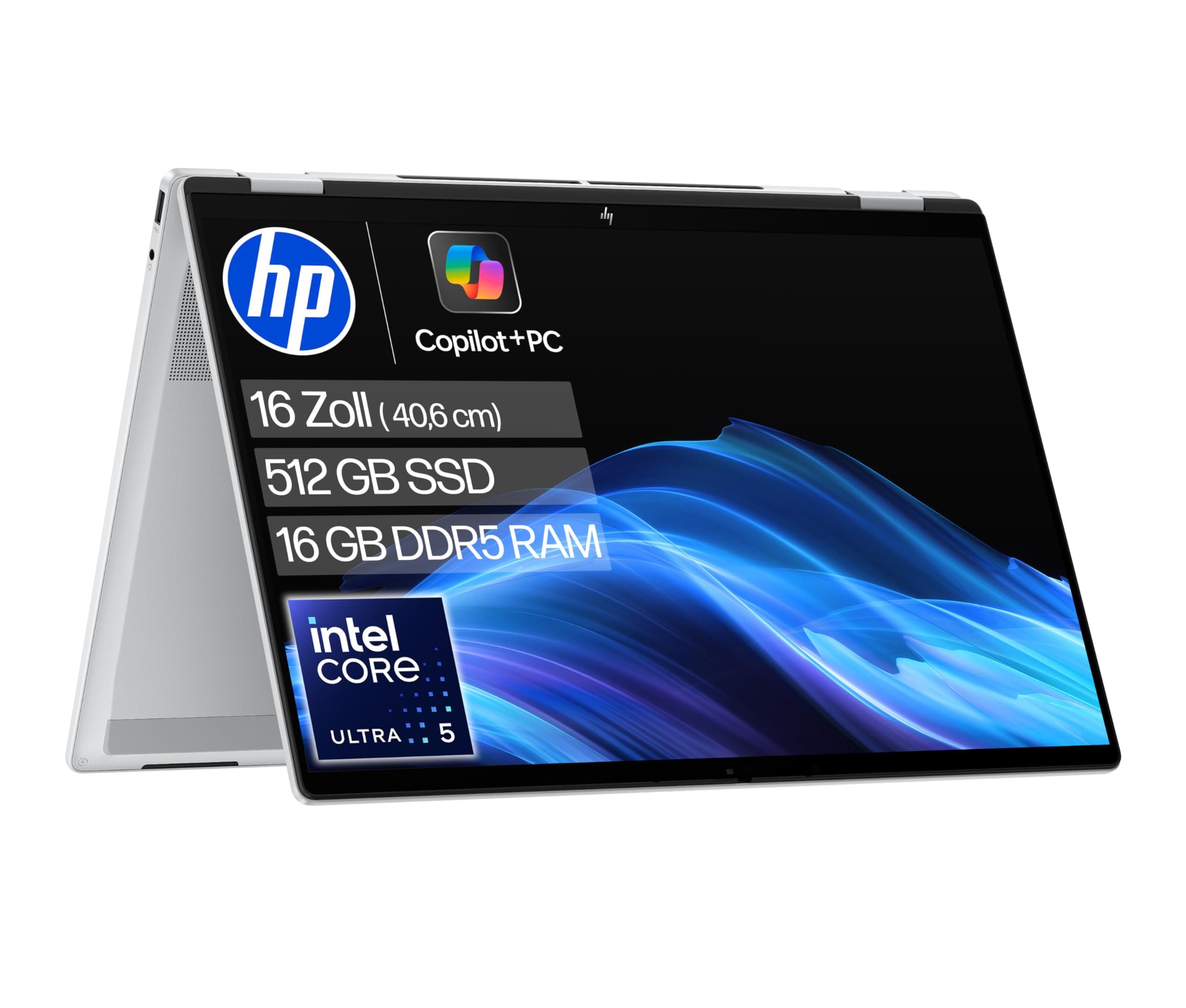 HP OmniBook X Flip 2-in-1 Laptop (16" 2K Touchscreen, Intel Core Ultra 5, Copilot+, 16GB RAM, 512GB, Win 11, QWERTZ) - Silber Intel Ultra 5 226V Intel Arc 130 V