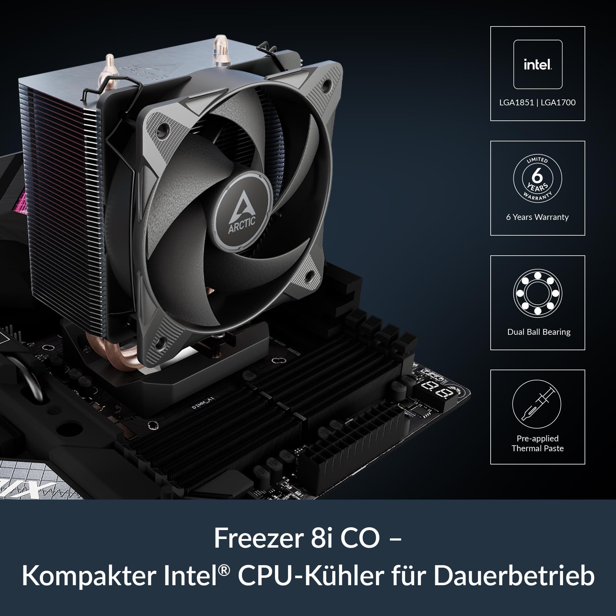ARCTIC Freezer 8i CO - Kompakter CPU Kühler für Intel für den Dauerbetrieb, Intel LGA1851 & LGA1700, 100mm PWM-Lüfter, voraufgetragene MX-6 Wärmeleitpaste, Doppeltes Kugellager Bild 4