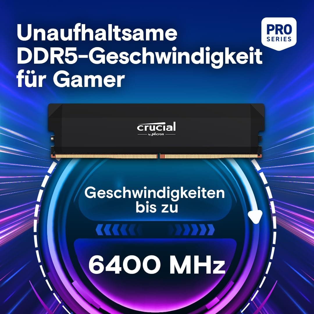 Crucial Pro DDR5 RAM 32GB Kit (2x16GB) 6400MHz CL38, Overclocking Gaming, Intel XMP 3.0 / AMD Expo, PC Computer Arbeitsspeicher, Schwarz - CP2K16G64C38U5B Bild 4