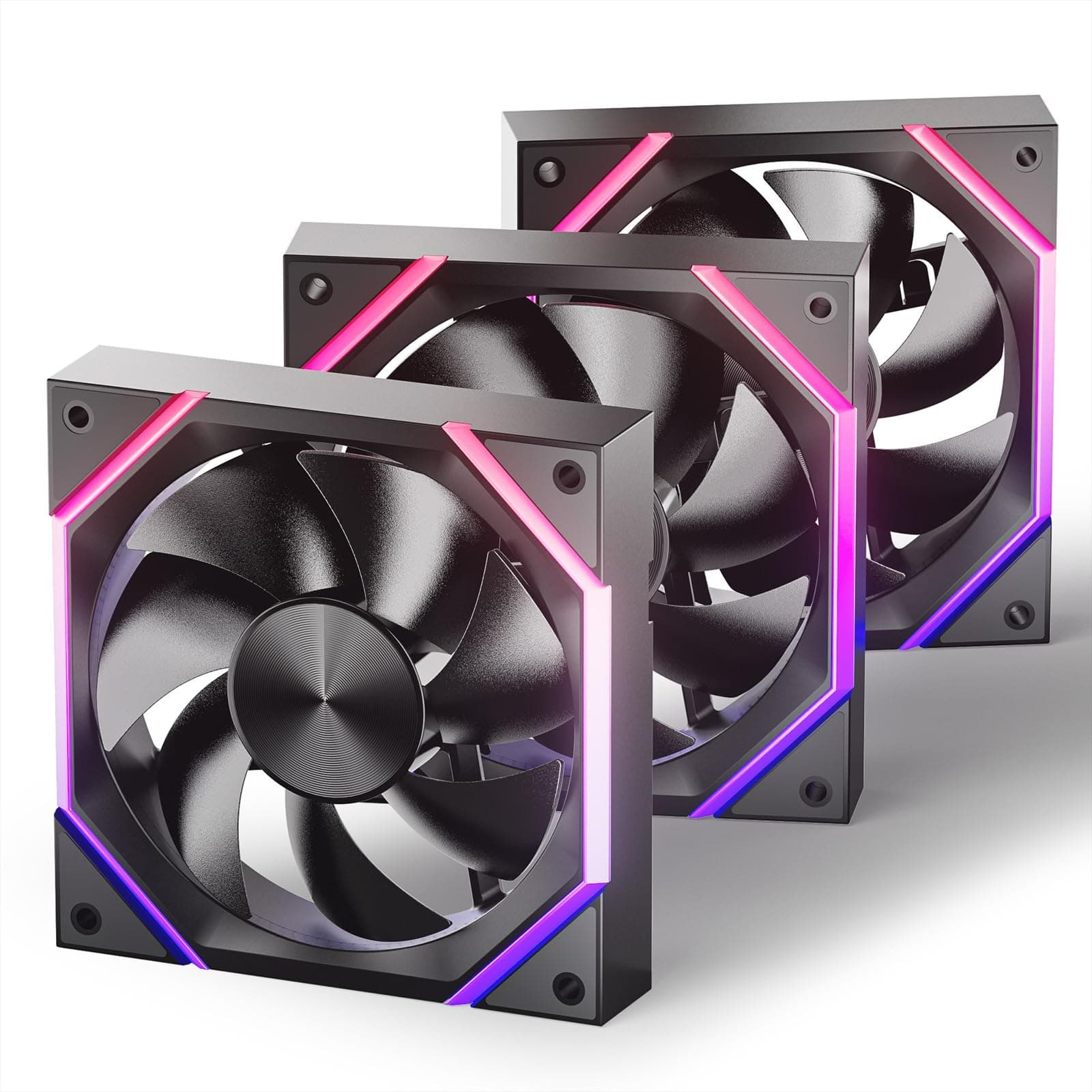 AsiaHorse RGB PC Lüfter 120MM Gehäuselüfter [3 Stück] [HDB] 61,5 CFM/2000 RPM/2,16 MMH2O ARGB Lüfter 5V3PIN ARGB und 12V4PIN PWM Lüfter, 50,000 Stunden Lebensdauer Nyota-A12-Schwarz Schwarz 3 x 120MM-Forward