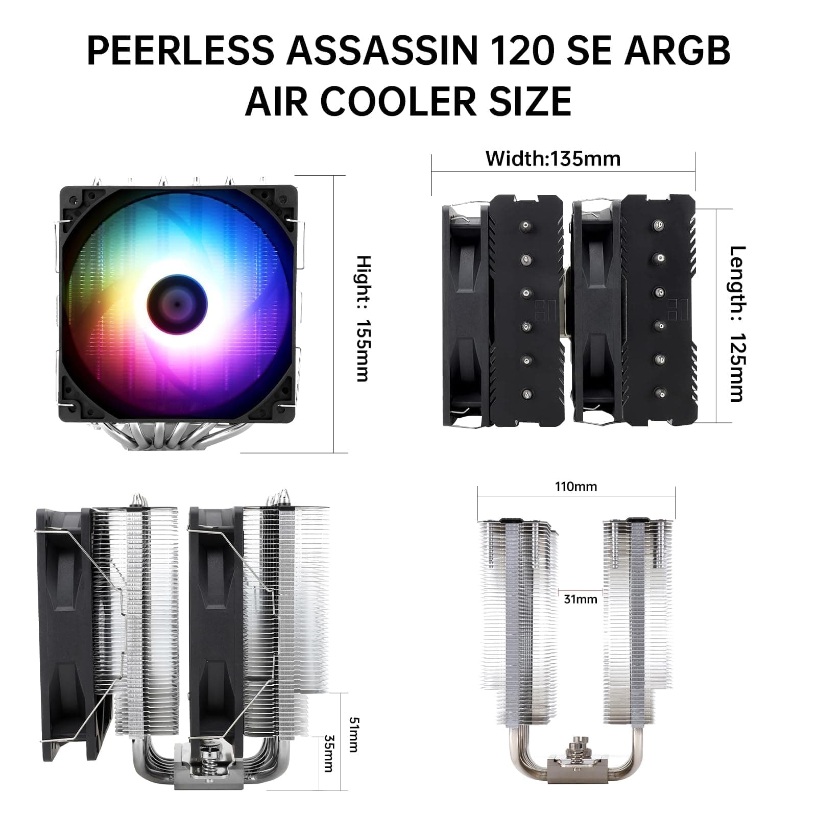 THERMALRIGHT Peerless Assassin 120 SE ARGB CPU Kühler, TL‑C12C-S 120mm PWM Lüfter, 1550U/min, 6 Heatpipes, für AMD AM4/AM5 & Intel LGA 1700/1851 PA120SE ARGB Bild 6
