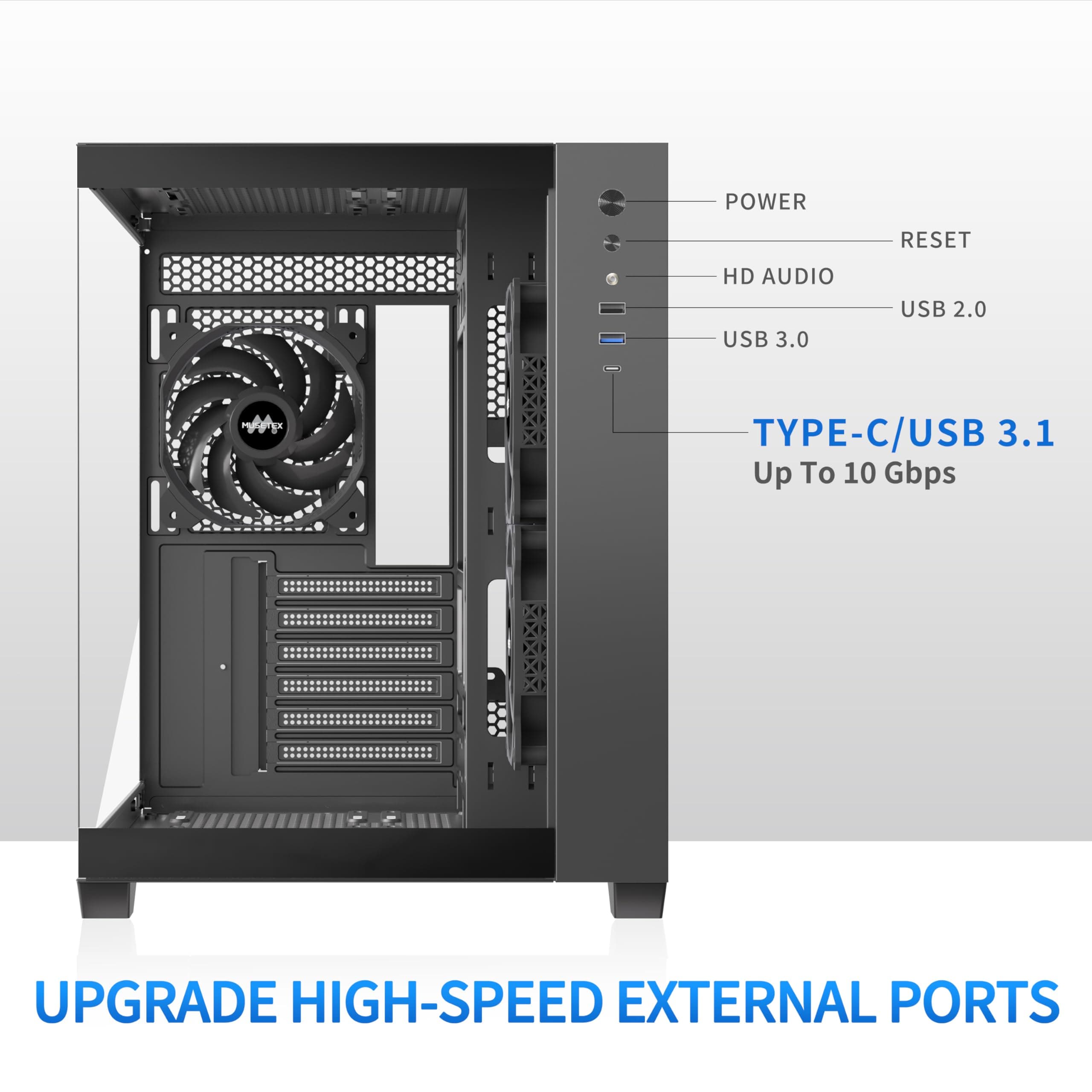 MUSETEX PC Gehäuse ATX, 3 Non-LED Lüfter vorinstalliert Gaming PC Gehäuse, 270° Full-View Tempered Glass PC Case mit Type-C, Mid Tower ATX Computer Gehäuse, Schwarz, Y6 42T x 29,5B x 36,8H cm Bild 7