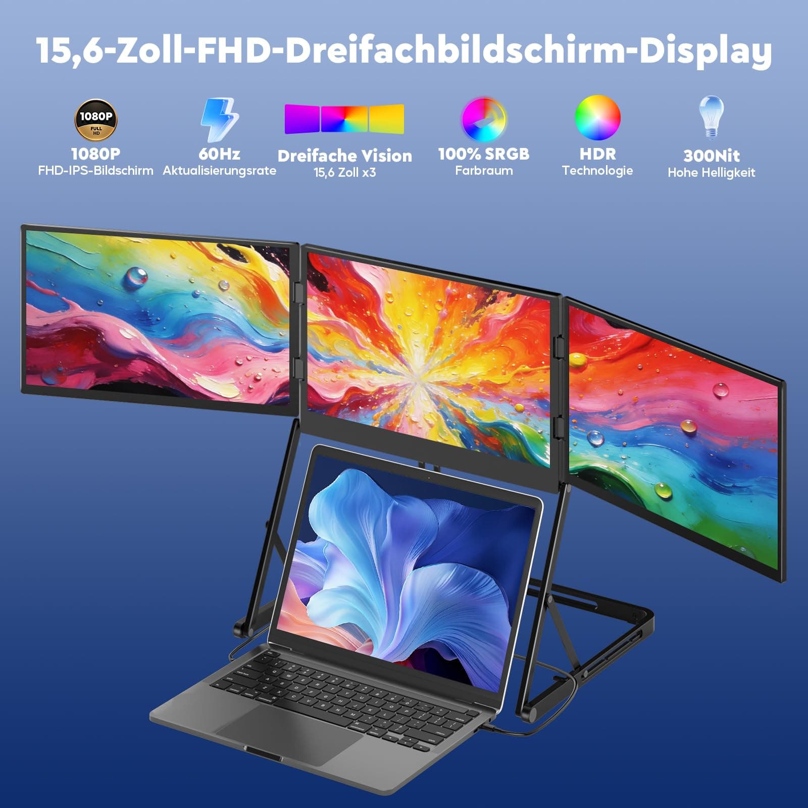 HONGO Laptop Bildschirm Erweiterung, 15.6" Triple Portable Monitor, 1080P FHD IPS Portable 3 Monitor, Laptop Screen Extender, Kompatibel mit Wins/Mac Laptops (Nur 2 Kabel für 3 Bildschirme) Triple 15,6 zoll Schwarz Bild 5