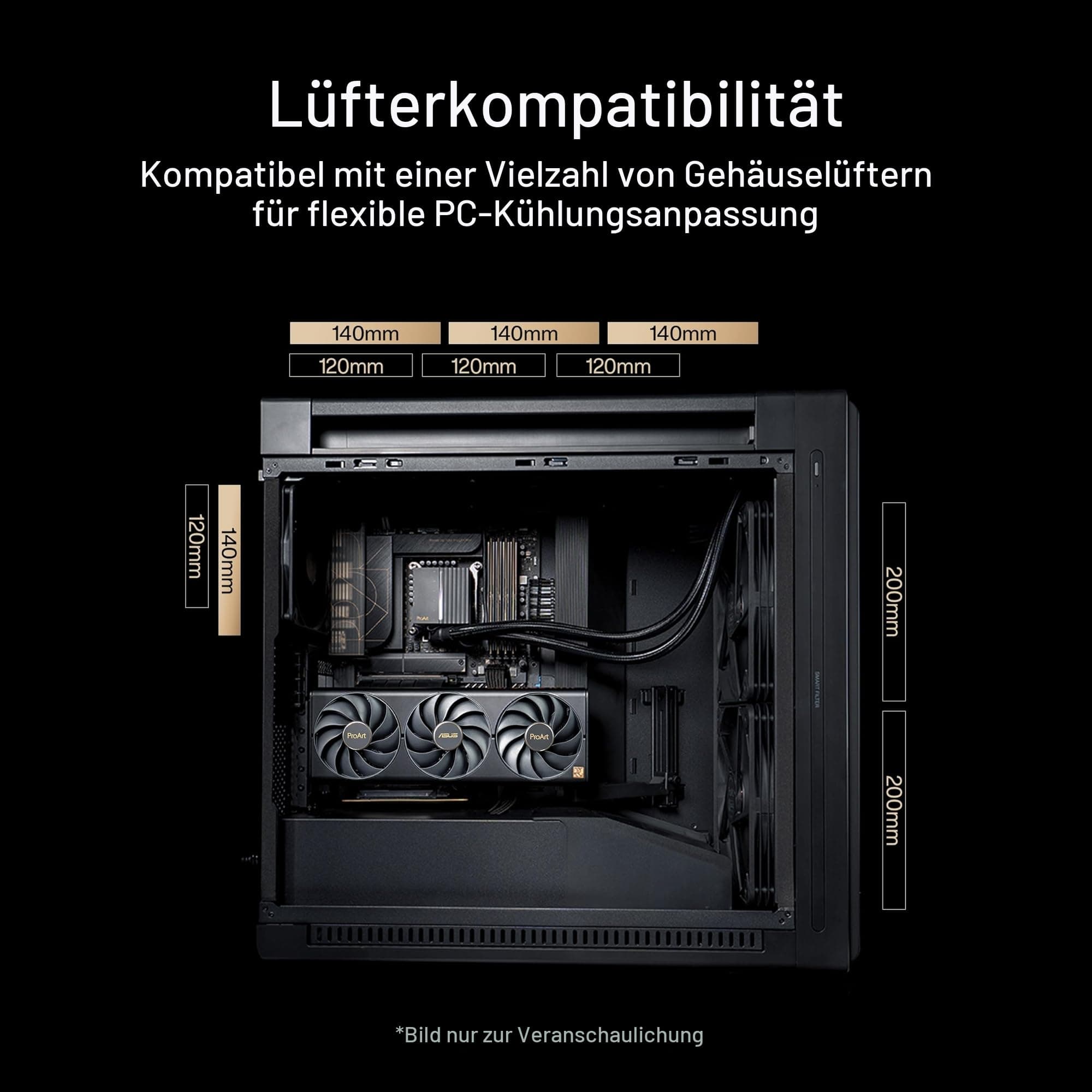 ASUS ProArt PA602 Wood Edition Metal Panel E-ATX PC Gehäuse (zertifiziertes Holz, vorinstallierte Systemlüfter und Grafikkartenhalter, unterstützt 420 mm Radiator, IR-Staubsensor, USB Typ-C 20Gbps) Bild 7