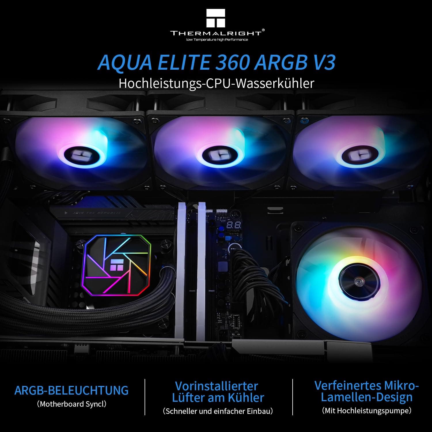 Thermalright AQUA ELITE 360 V3 Flüssig-CPU-Kühler, 360 Kühlreihen, 3 x 120mm PWM-Lüfter, S-FDB-Lager, für AMD/AM4/AM5, Intel LGA1150/1151/1200/2011/1700/1851, Desktop CPU-Kühler AIO Bild 3