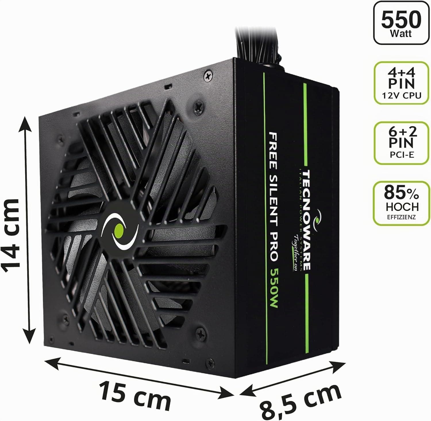 Tecnoware Netzteil Free Silent PRO 550 für erweiterte PCs mit NVIDIA GeForce GTX - RTX Grafikkarte, leiser Lüfter, PCI-E Anschlüsse, CPU 4+4, SATA, Molex 550W ATX PCI-E Bild 3