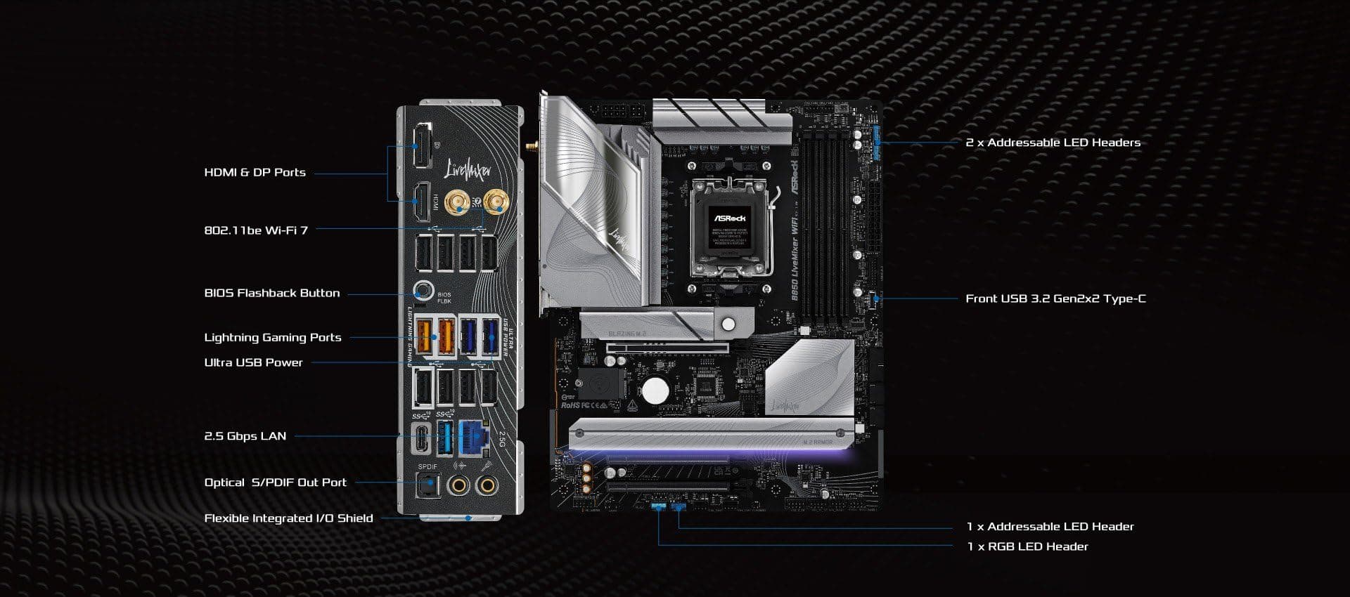 ASRock B850M Pro RS WiFi White AM5 Micro-ATX Mainboard:AMD Ryzen 9000/8000/7000 | DDR5 8000+ | PCIe 5.0 | WiFi 6E | 2.5G LAN Bild 6