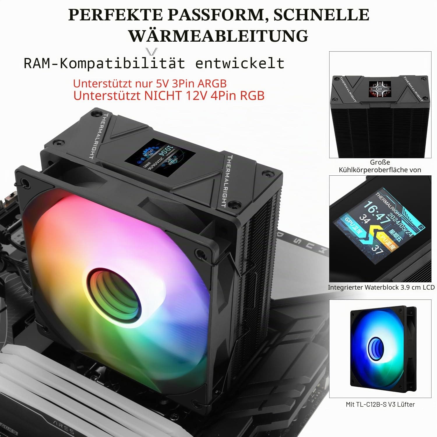 TR Assassin Spirit 120 Vision ARGB Schwarz CPU Luftkühler, PC Display Screen Cooler 1,54 Zoll, 240 * 240 Auflösung, für LGA1851/1700, AM4/AM5 Bild 5