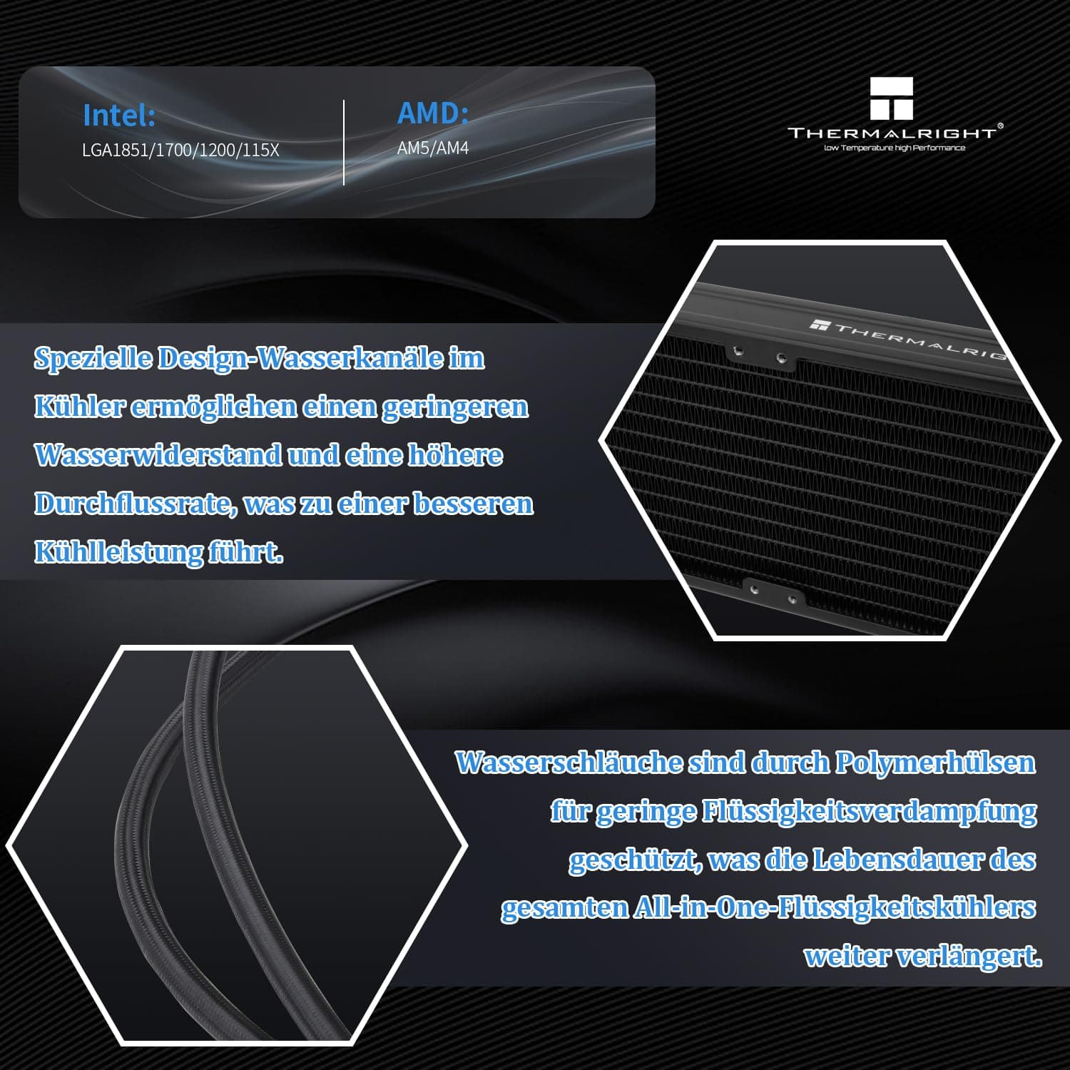 Thermalright AQUA ELITE 240 V6 ARGB Black CPU Flüssigkeitskühler, 240 Kühlreihengröße, 2x120mm Wasserradiator, AMD: AM4/AM5, Intel LGA115X/1200/1700/1851, AIO CPU Kühler Bild 5