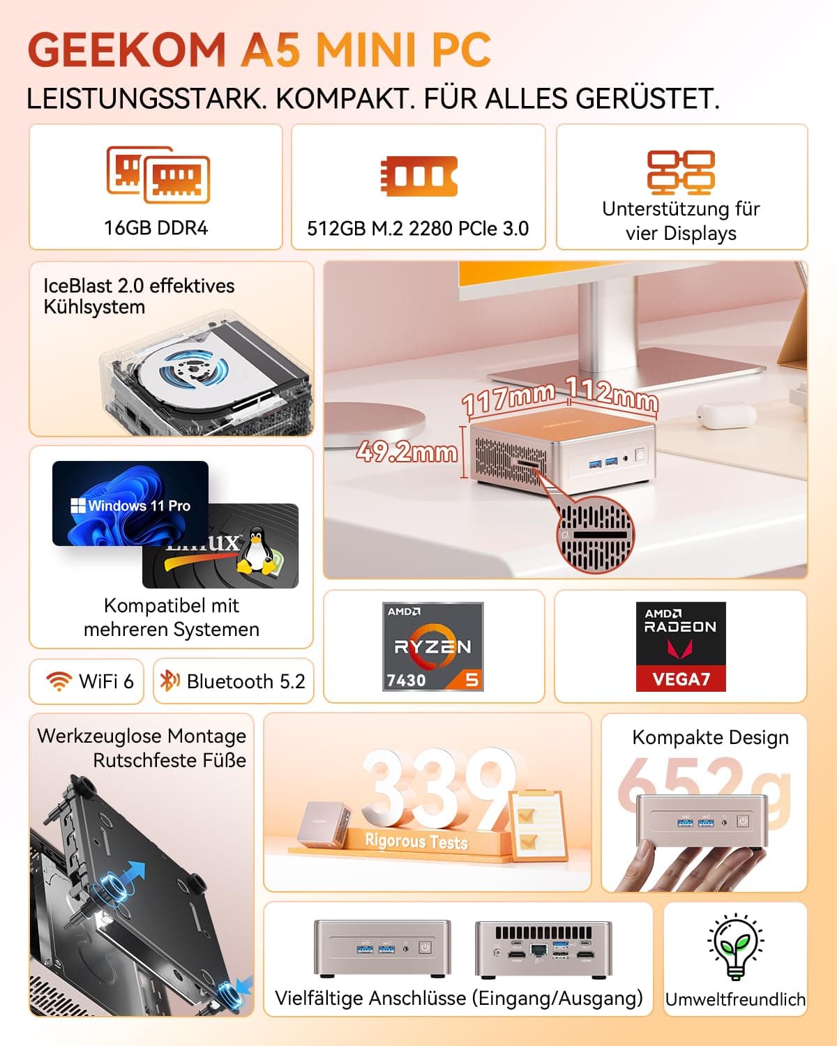 GEEKOM Mini PC A5 mit AMD Ryzen 5 7430U, 16GB DDR4 (Aufrüstbar,Kein LPDDR) 512GB SSD | 3 Jahren Garantie | 2.5G LAN | Windows 11 Pro | PC mit Dual HDMI 8K | Mini Computer für Home/Office/Gaming Bild 2