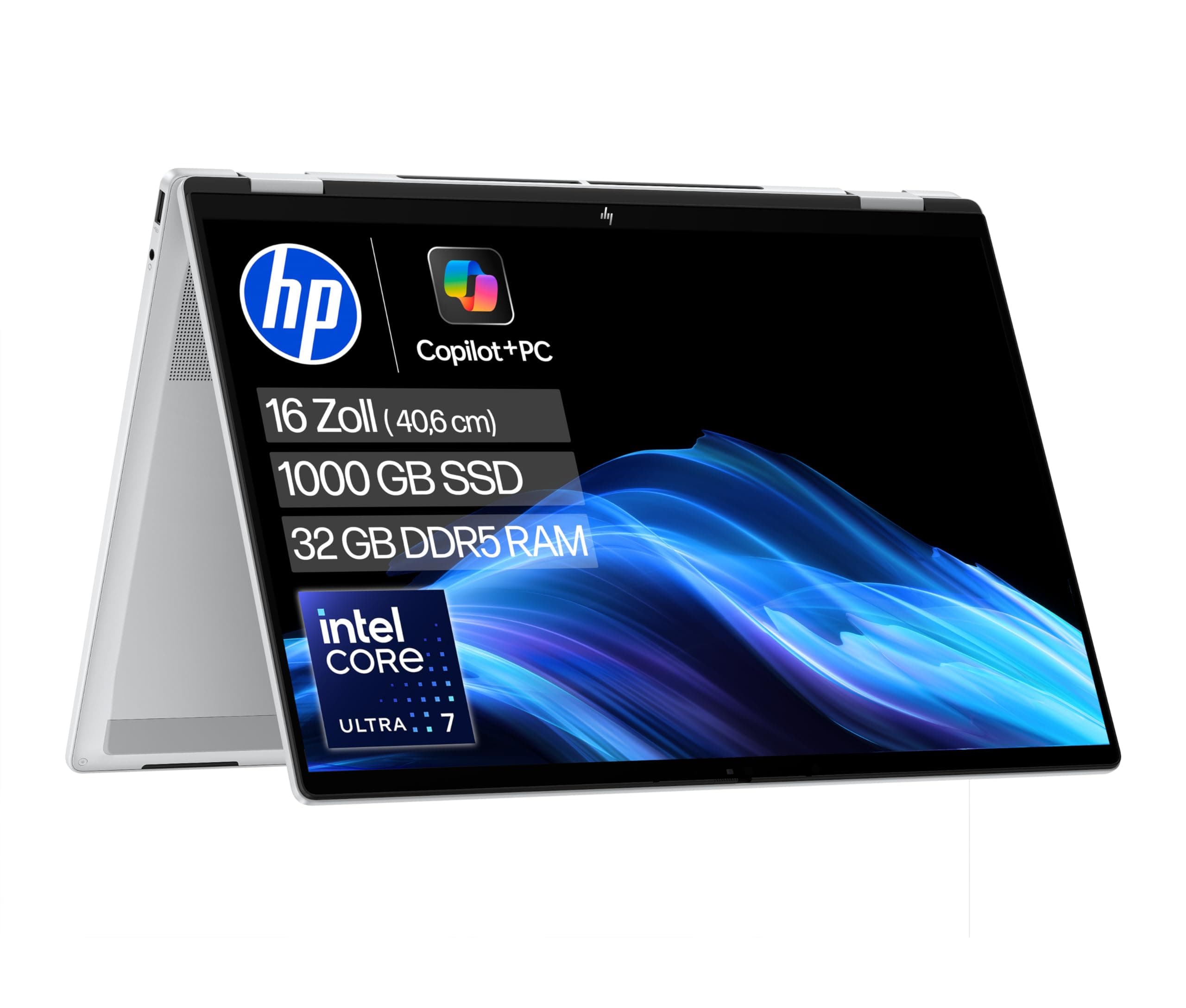 HP OmniBook X Flip 2-in-1 Laptop (16" 3K Touchscreen, Intel Core Ultra 7, Copilot+, 32GB RAM, 1TB, Win11, QWERTZ) - Silber Intel Core Ultra 7 258V Intel Arc 140 GPU