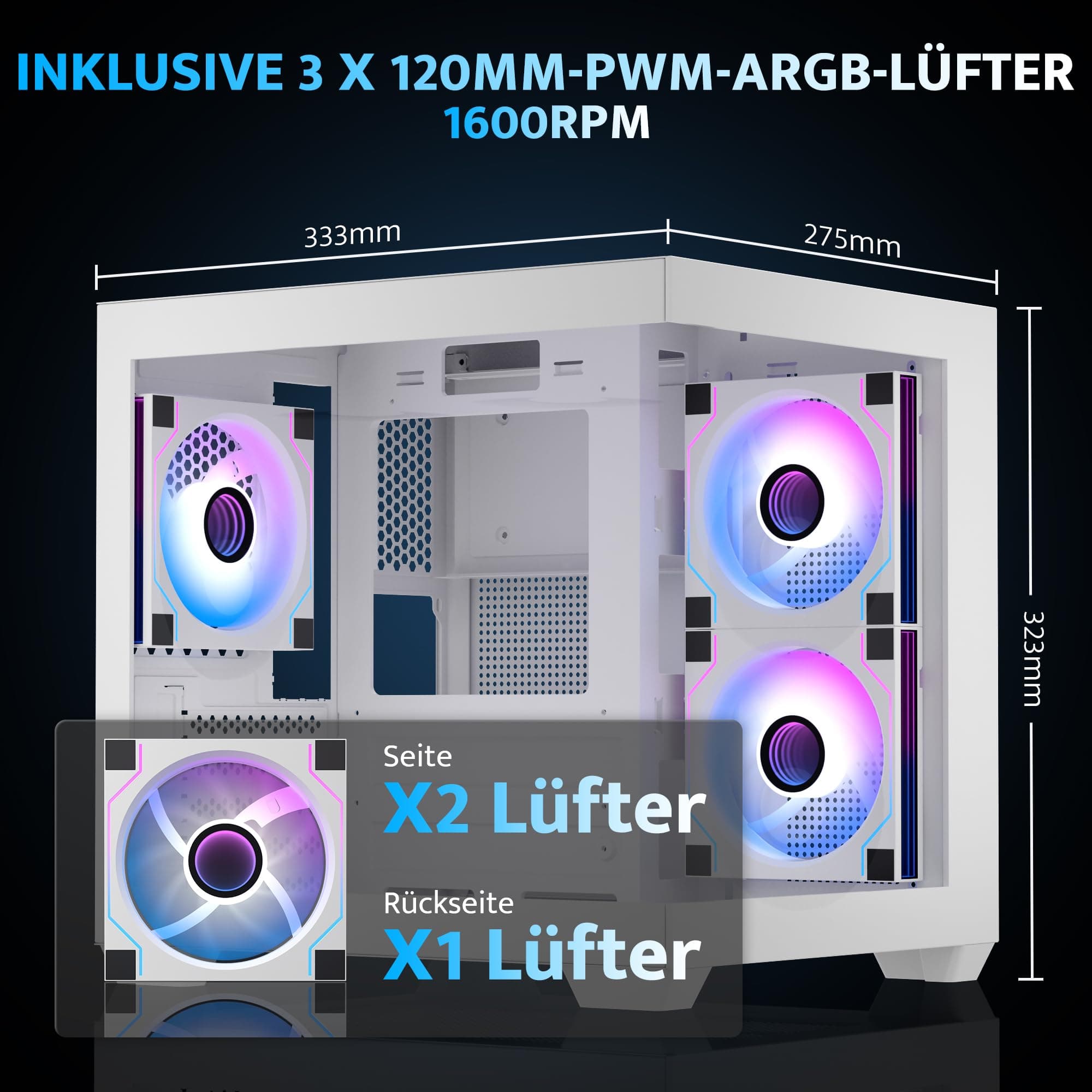 darkFlash ITX-PC-Gehäuse, Vorinstalliert mit 3 PWM-ARGB-Lüftern, Computergehäuse, ITX-Gehäuse mit Vollansicht und Doppeltem Hartglas, Mini-Größe, Unterstützt 240 mm AIO (C275P) (Weiß) Bild 5