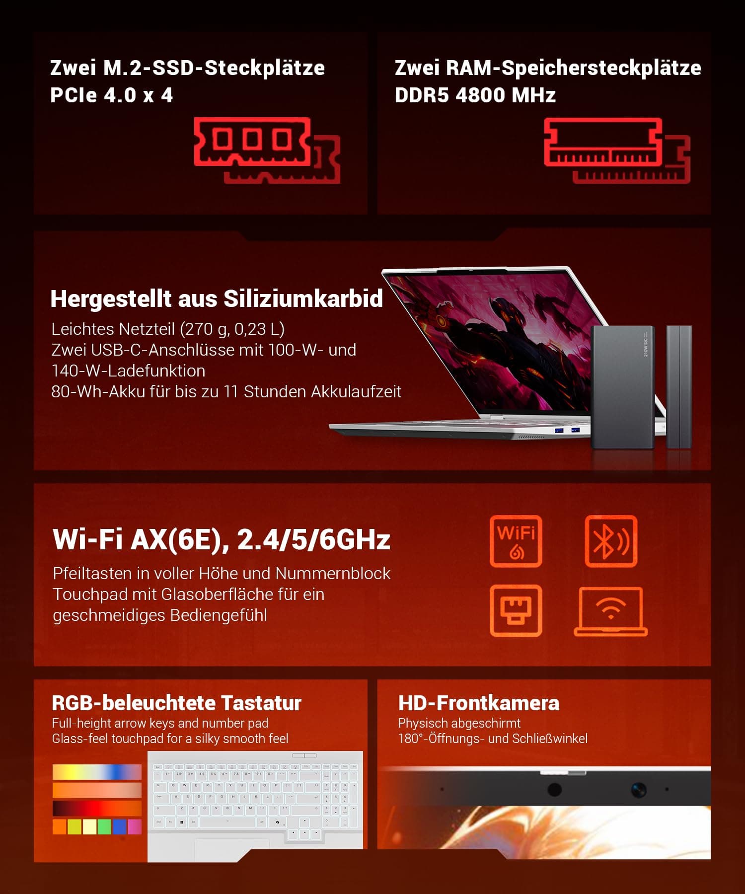 Gaming Laptop, 16'' QHD 300Hz (2560x1600) 2,5K, Core i7-13700HX, RTX 5060, 16GB DDR5 RAM, 1TB PCIe 4.0 SSD, 500nits, Wi-Fi 6E, BT5.3, Metall, Backlit, Weiß, Für Gamer & Content Creator Bild 4