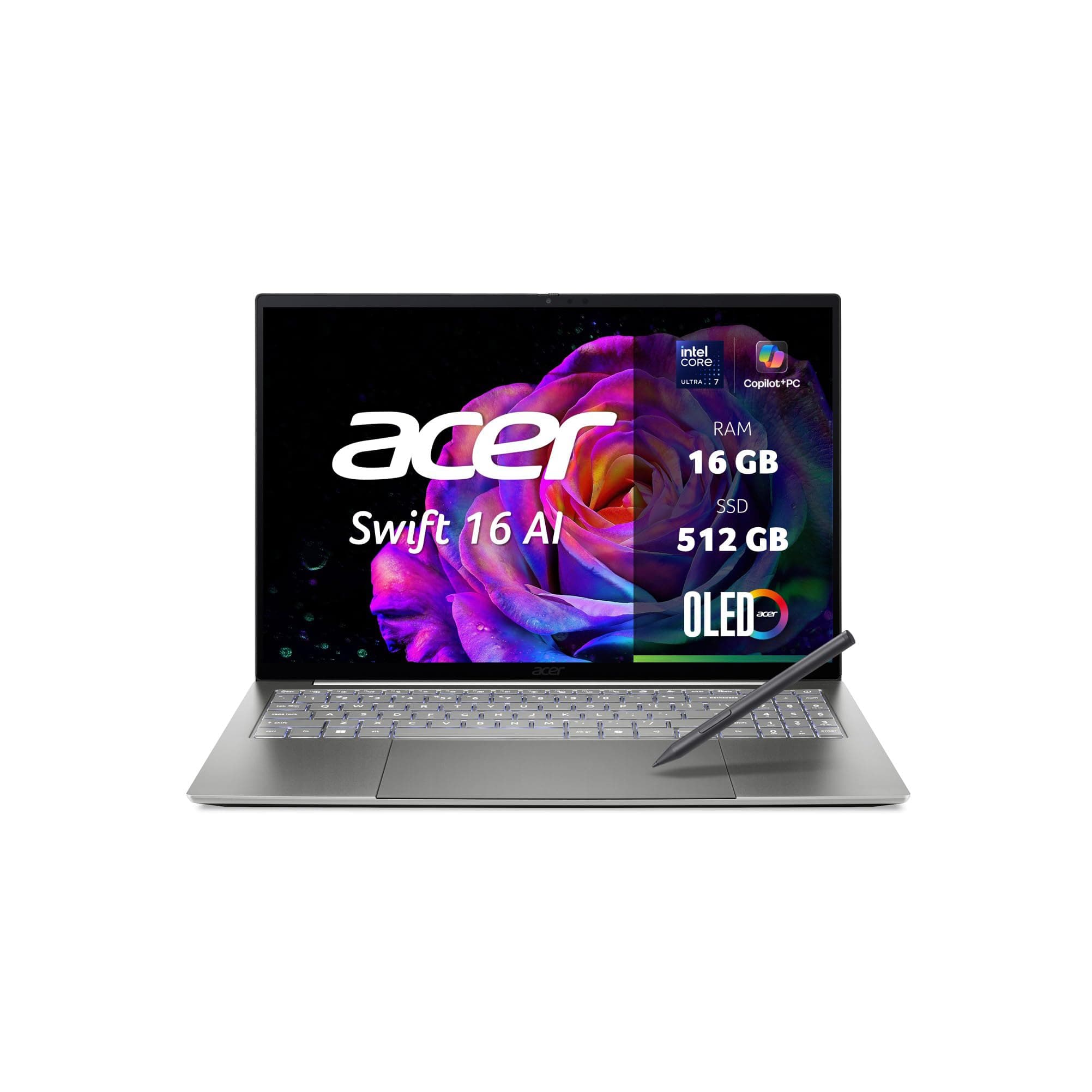 Acer Swift 16 AI OLED (SF16-71T-7053) AI Laptop, Copilot+ PC, 16" WQ2.8K OLED 120Hz Touch-Display, Intel Core Ultra X7 358H, 16 GB RAM, 512 GB SSD, Intel Arc B390 Grafik, Windows 11, QWERTZ Tastatur