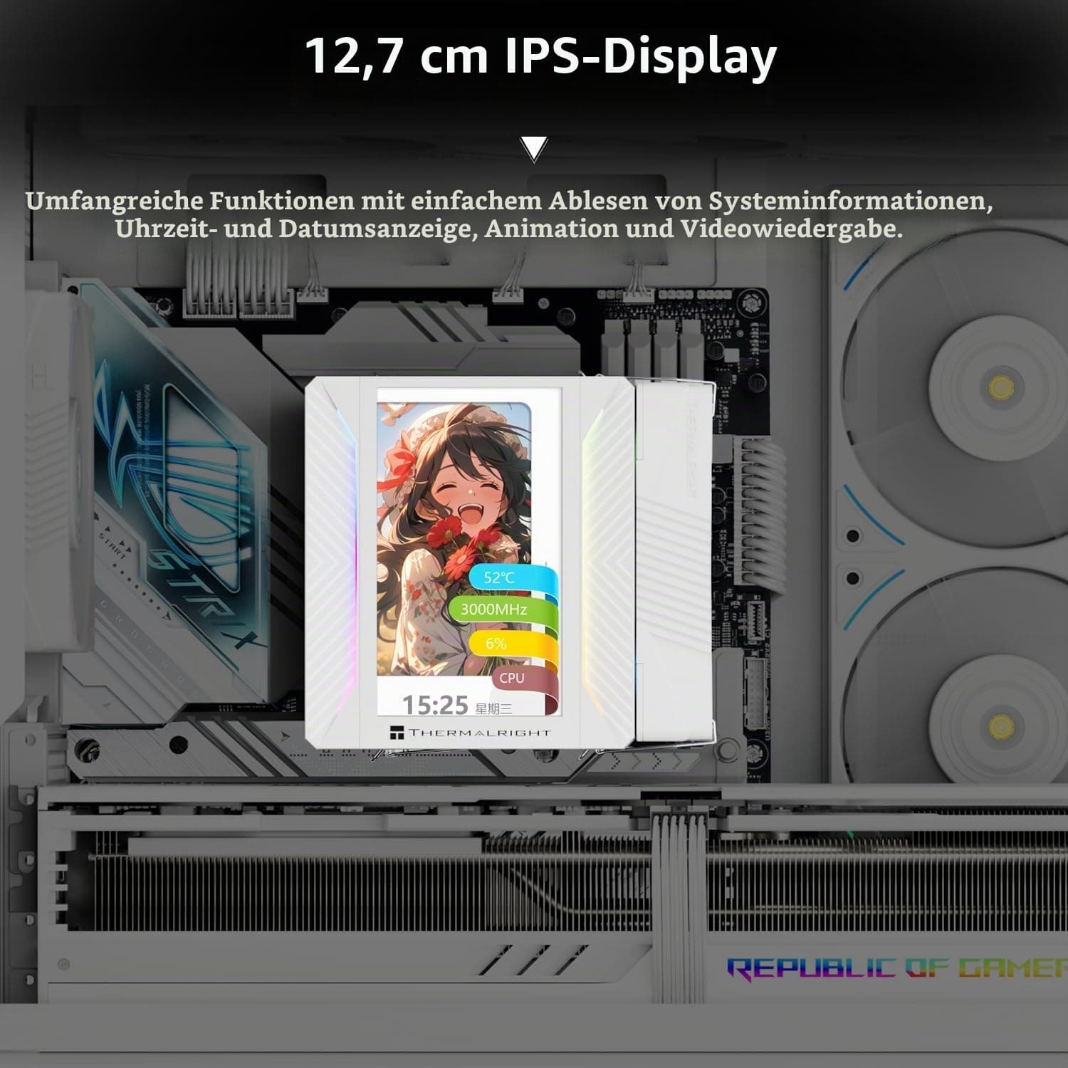 Thermalright Peerless Assassin 120 VISION MAX ARGB White CPU-Kühler, PC-Kühler mit 6 Heatpipes, 5 Zoll magnetischem Display-480x854 Auflösung, für AM4/AM5 und Intel LGA1700/1851 PA120 Vision MAX ARGB White Bild 5