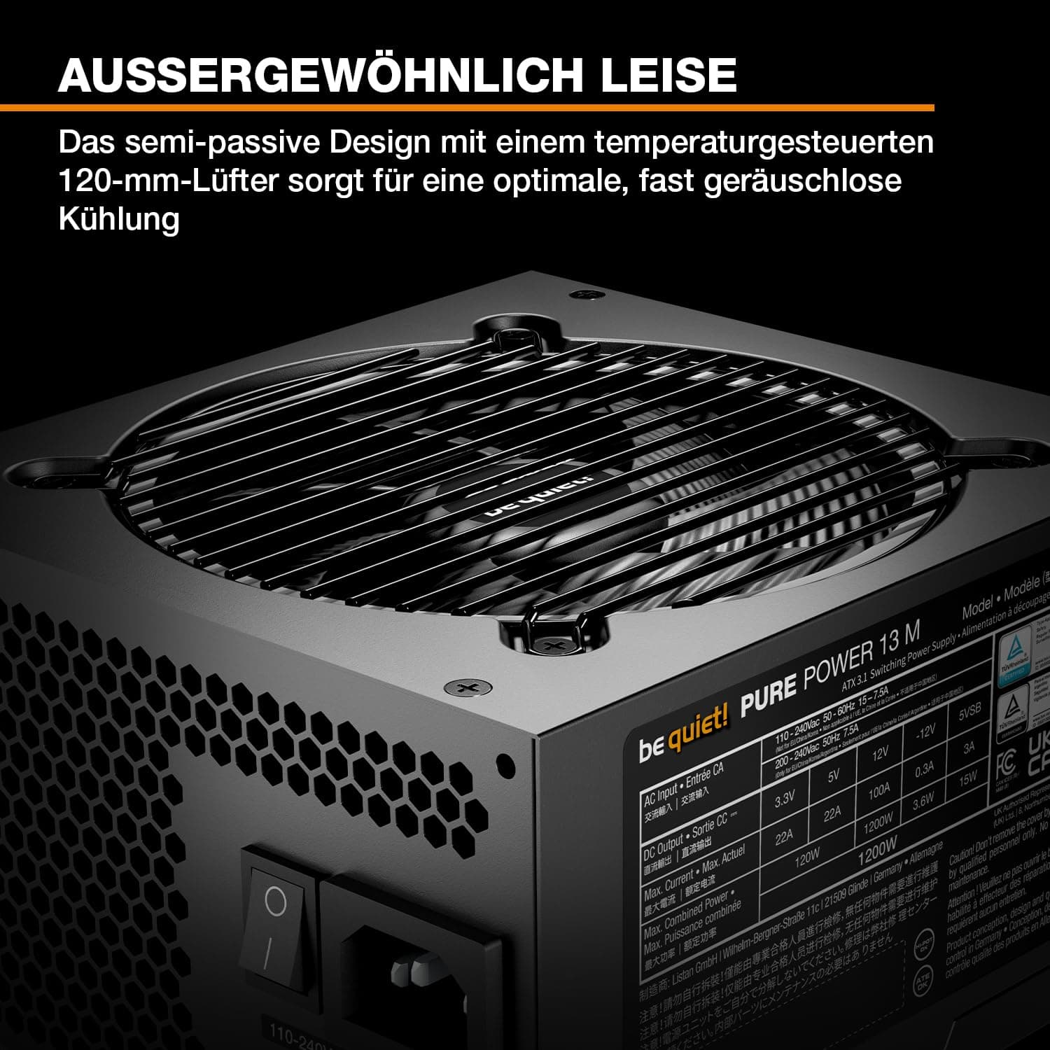be quiet! Pure Power 13 M 1200W Netzteil, 80 Plus® Gold Effizienz, ATX 3.1-Netzteil, für PCIe 5.1 GPUs, 120mm be quiet! Lüfter, semi-passiver Betrieb möglich, LLC-Technologie, Single-Rail Bild 3
