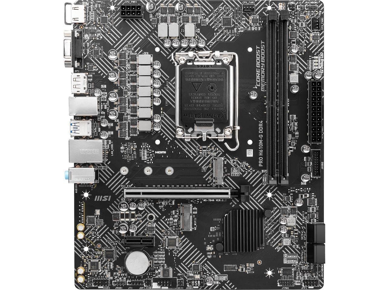 MSI PRO H610M-G DDR4 Mainboard, Micro-ATX - unterstützt Intel Core Prozessoren 12. Generation, LGA 1700, 2 x DIMMs (3200MHz), 1x PCIe 4.0 x16 Slot, 1 x M.2 Gen3, Intel 1G LAN, HDMI 2.1, DP 1.4 & VGA
