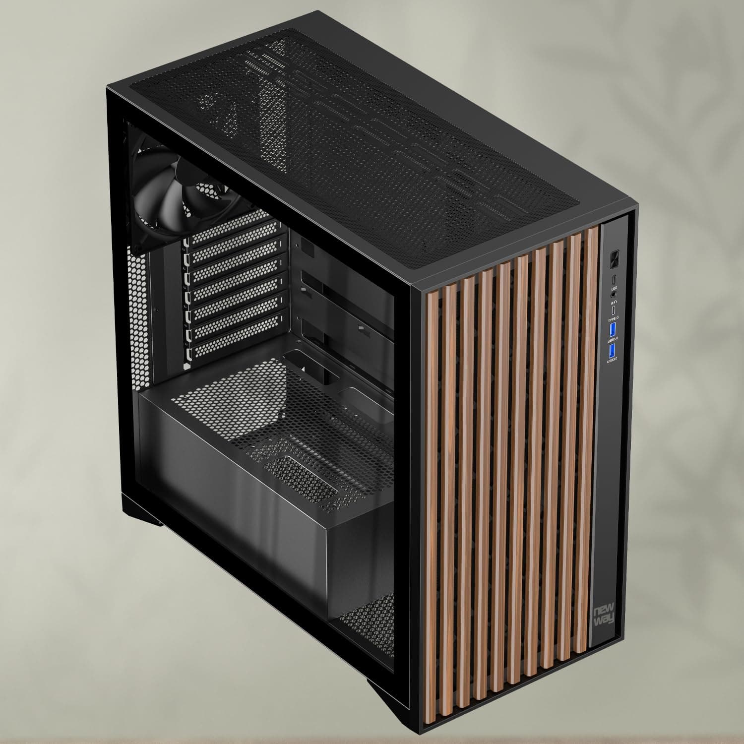 NEWWAY - NW1 PC-Gehäuse aus Holz - Mittlere Tower kompatibel mit ATX/Micro-ATX/ITX - Typ C USB - üfter inklusive 3 x 140 mm PWM - Seitenpanel aus gehärtetem Glas (schwarz) Bild 8