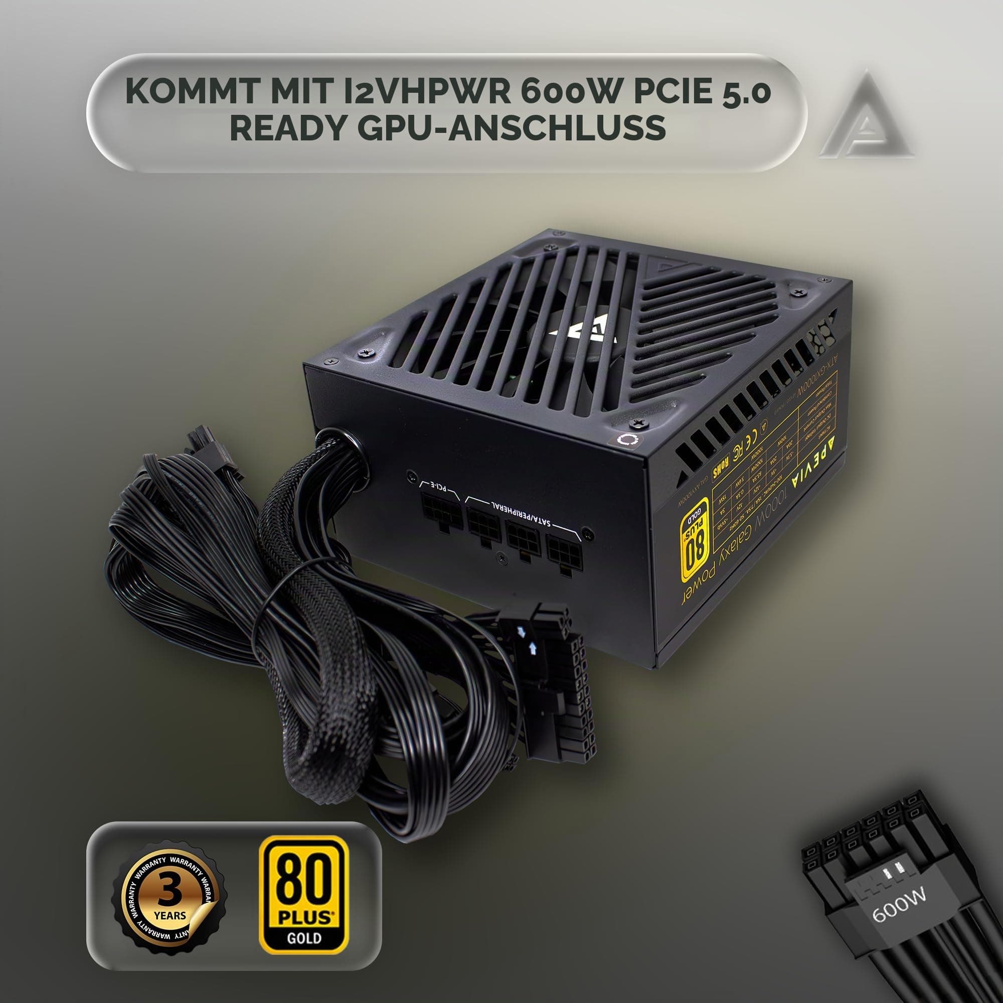Apevia ATX-GX1000W PCIe 5.0 & ATX 3.0 Ready Galaxy 1000W 80+ Gold Zertifiziert, Gen 5 12VHPWR Stecker, Active PFC ATX Semi-Modular Gaming Netzteil ATX-GX1000W PCIE5 Bild 5