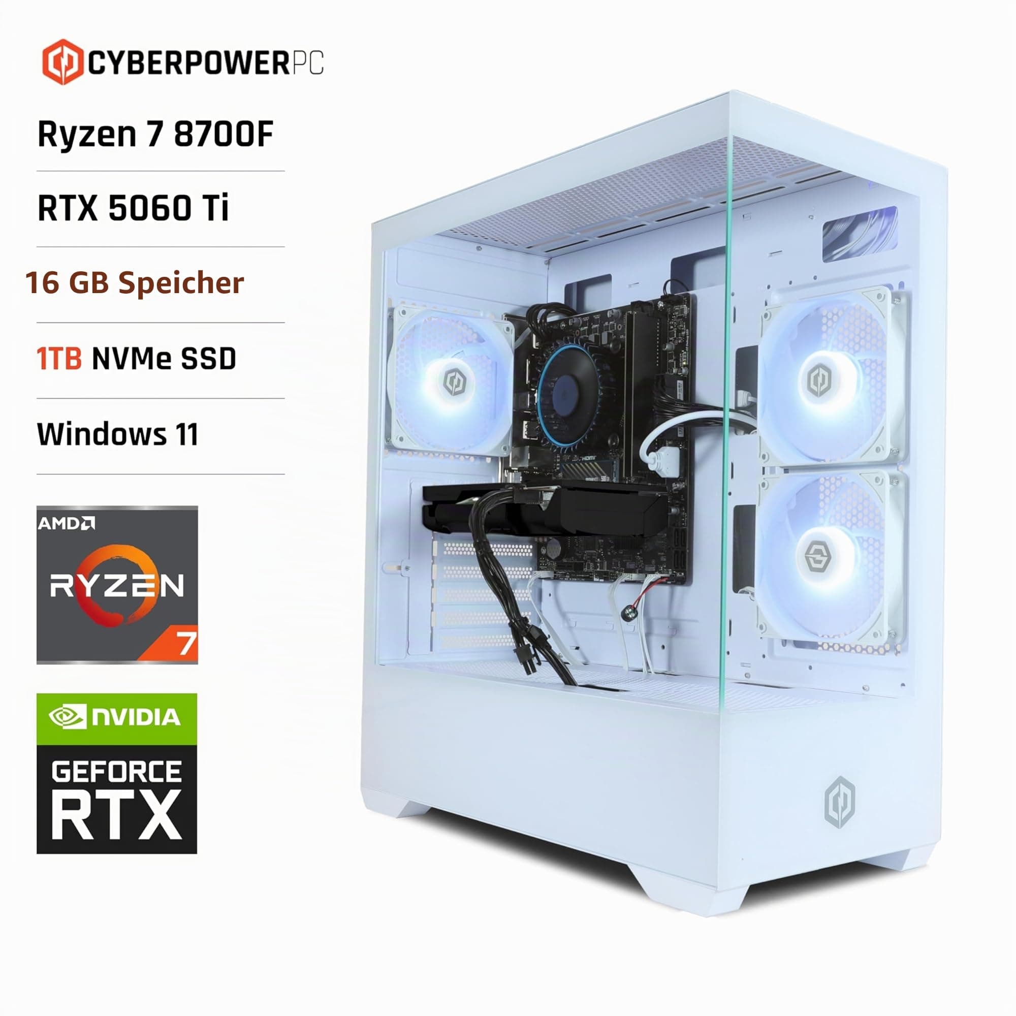 CYBERPOWERPC Wyvern Gaming PC - AMD Ryzen 7 8700F, Nvidia RTX 5060 Ti, 16GB RAM, 1TB NVMe SSD, 650W PSU, Wi-Fi, Windows 11, Prism Panoramic White AMD Ryzen 7 8700F , White Case Nvidia RTX 5060 Ti Bild 2