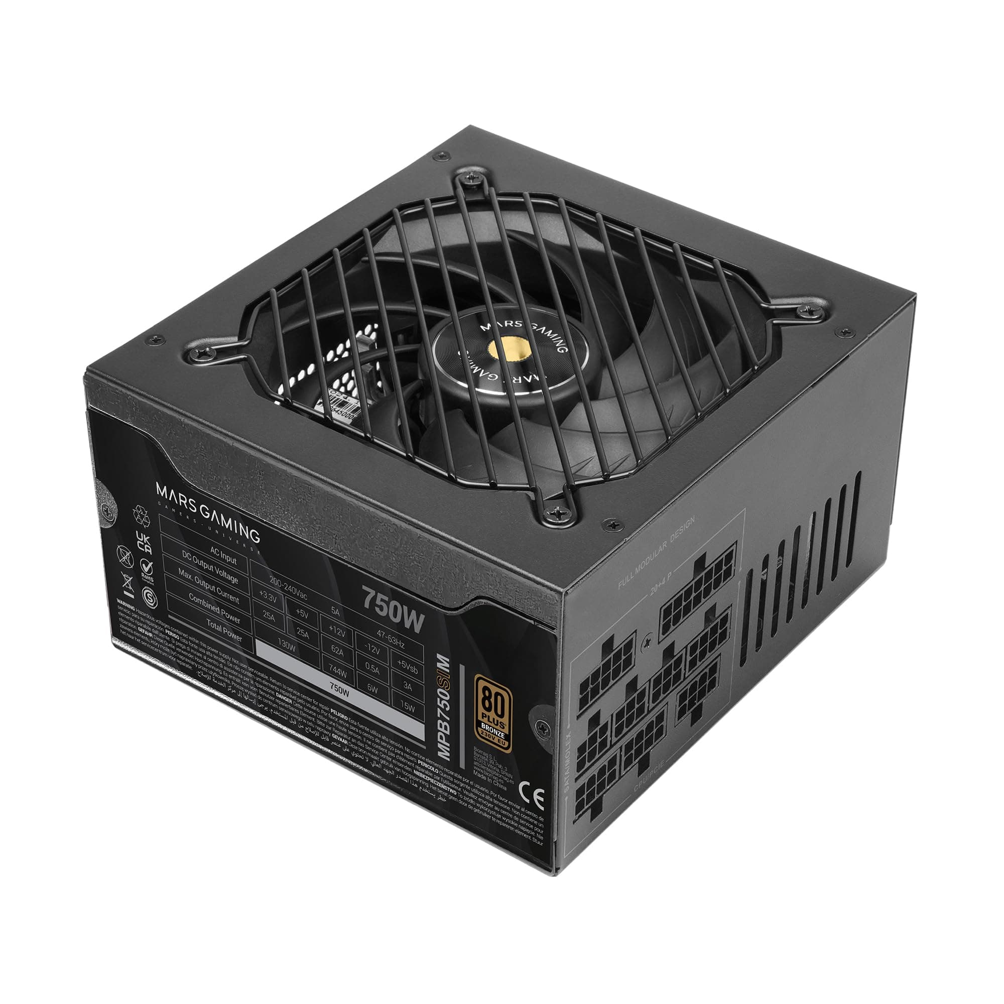 MARS GAMING MPB750SIM, Vollmodulares ATX 750W Netzteil, 7 Jahre Garantie, 80Plus Bronze 230V EU, 90% Effizienz, 140mm SI Extreme Silence Lüfter, AI2-RPM, DC-DC und SMD Technologien, Schwarz