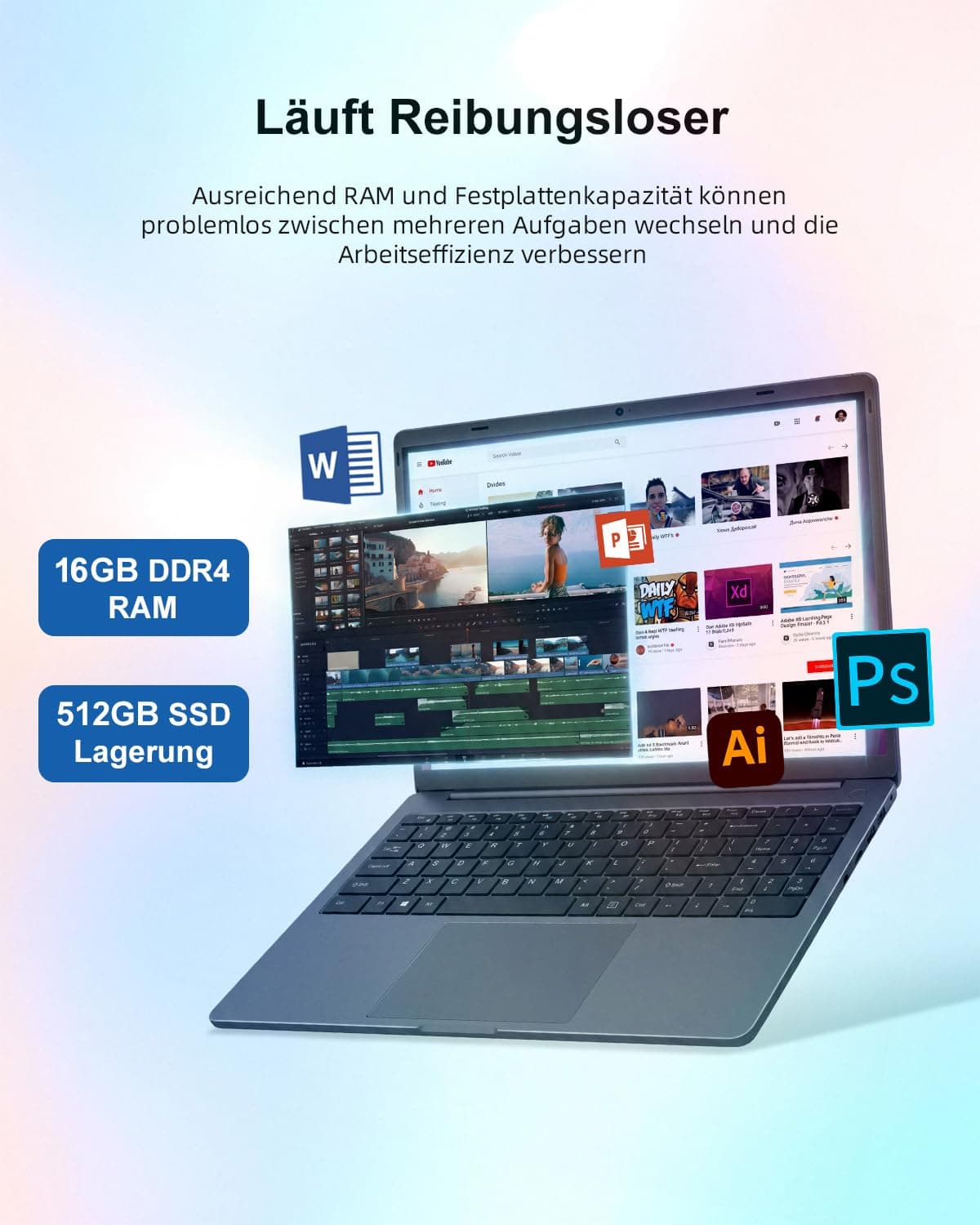 Ninkear A15 Ultradünn Laptop, AMD Ryzen 5 3500U, 16GB DDR4, 512GB SSD, 15.6" Ultragroß Display, WiFi 5 & BT 5.2, Lange Arbeitszeiten Ausreichende Schnittstellen Laptop – Für Arbeit & Treffen Silber A Bild 7