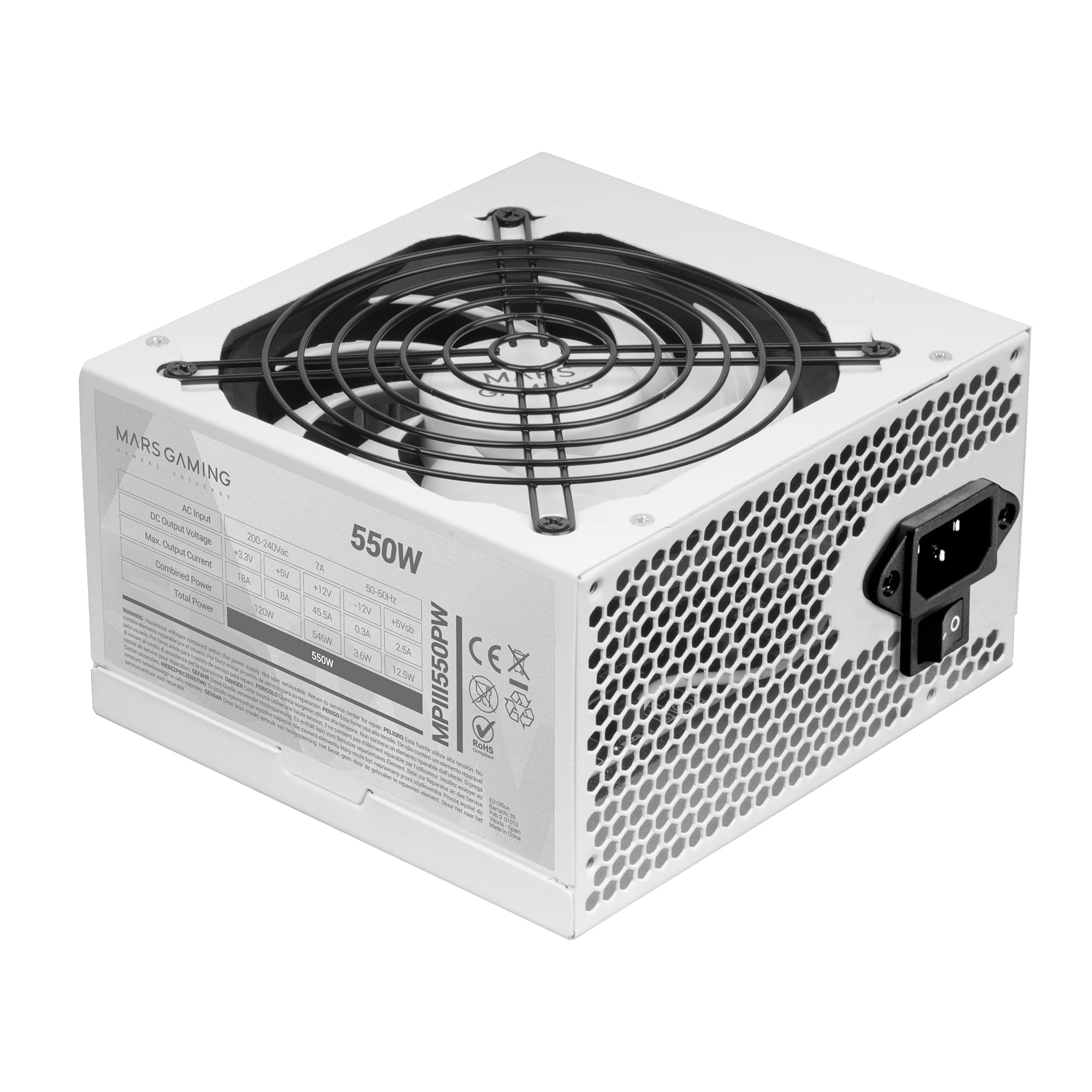 Mars Gaming MPIII550P, PC-Netzteil ATX 550W, 5 Jahre Garantie, 85% Effizienz, Digitales APFC-System, 120 mm FDB-Lüfter mit AI-RPM, SMD-Technologie, Extra Lange Flachkabel, Weiß MPIII550PW