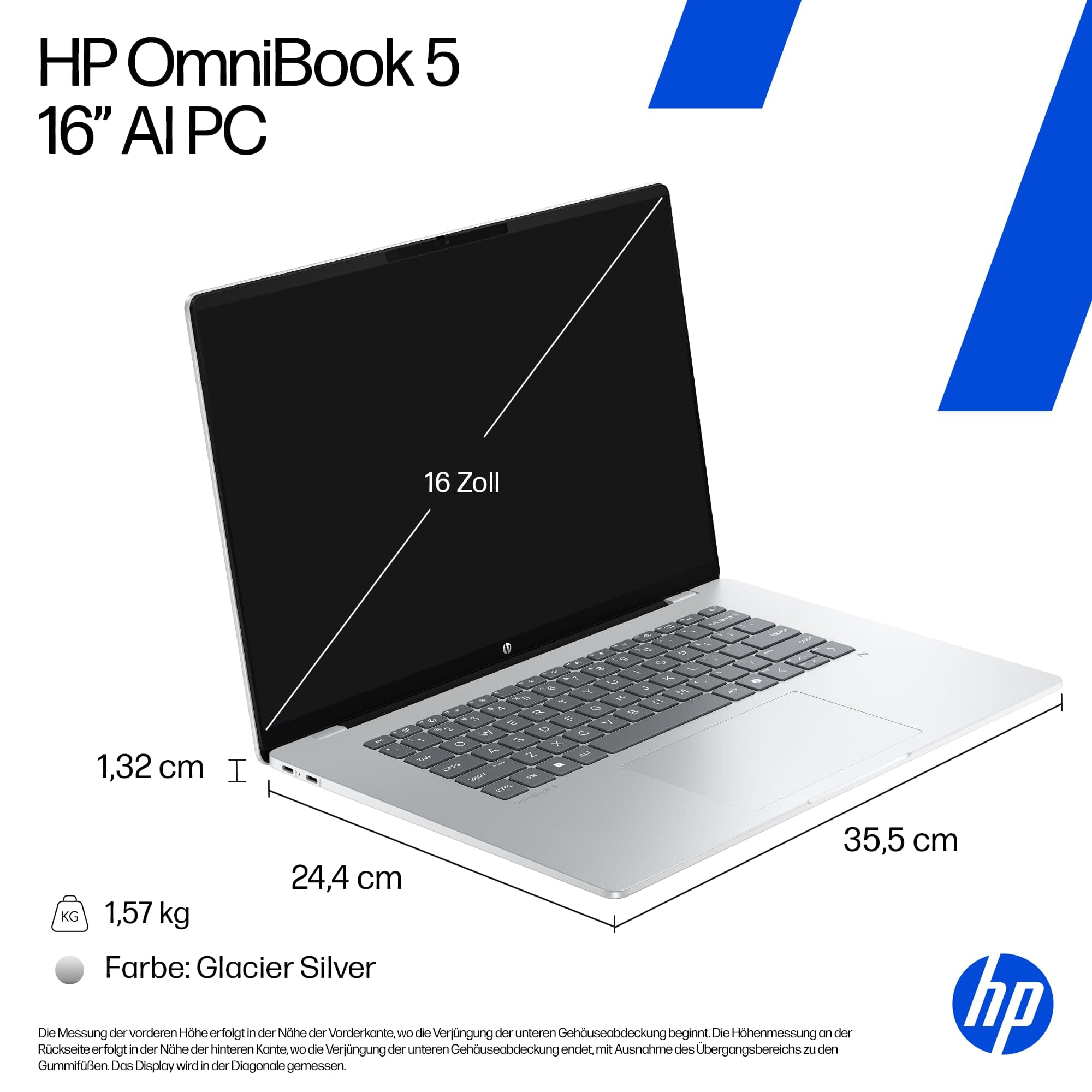 HP OmniBook 5 Next Gen AI Laptop PC, 16 Zoll 2K OLED Touch, Snapdragon X1-26-100 Prozessor (45 NPU-Tops), 16 GB LPDDR5x RAM, 512 GB PCIe SSD, Qualcomm Adreno GPU, Windows 11 Home, QWERTZ, Silber QC Snapdragon X1-26-100 Bild 6