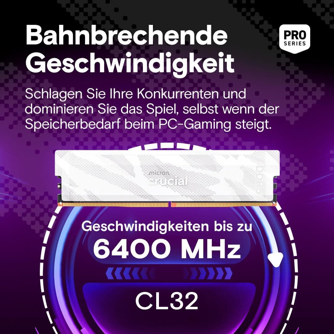 Crucial Pro DDR5 RAM 32GB Kit (2x16GB) 6400MHz CL32, Gaming PC Arbeitsspeicher, Intel XMP 3.0 / AMD EXPO, Weiß - CP2K16G64C32U5W 32GB (2x16GB) Weiß Bild 4