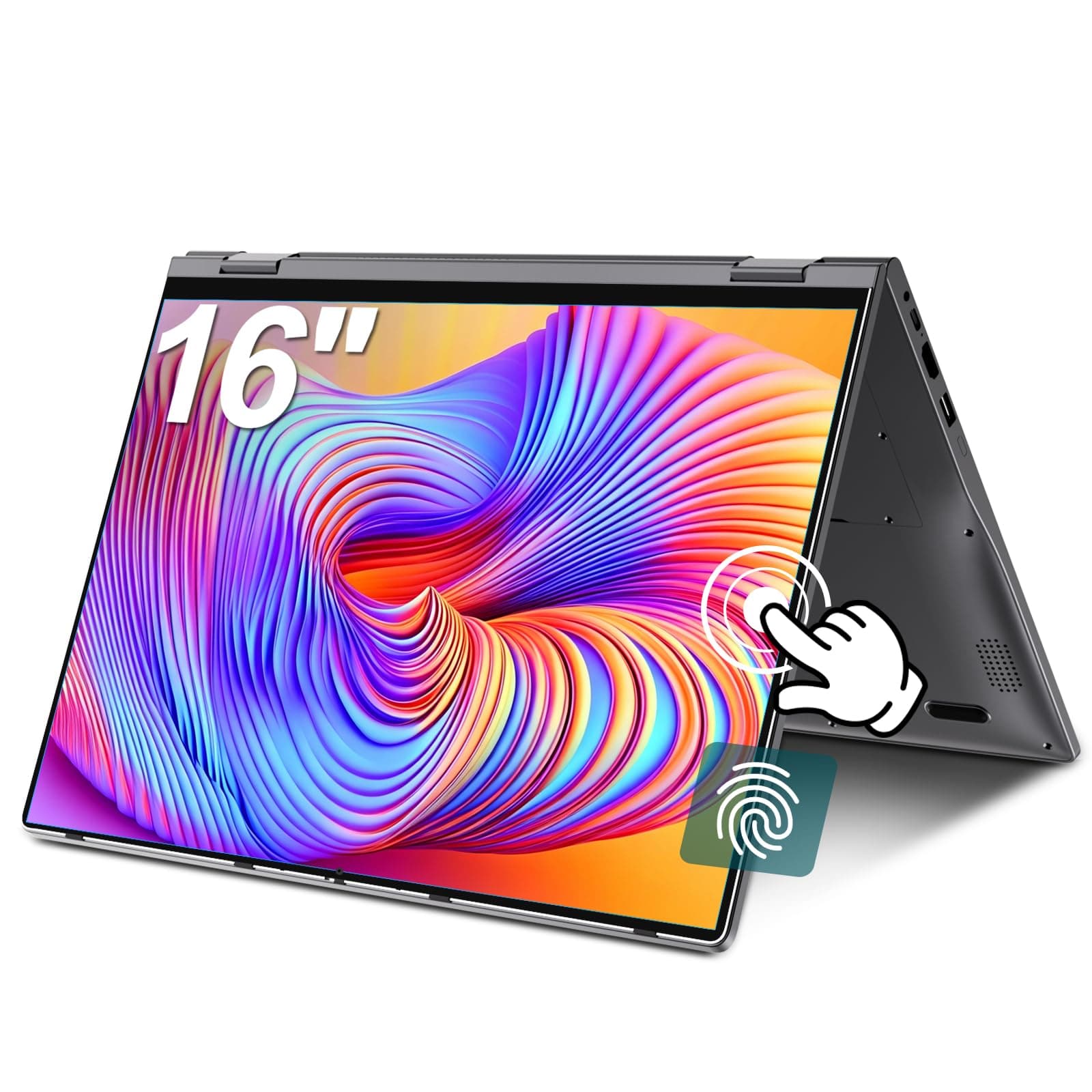 Laptop 16 Zoll, Touchscreen Laptop mit 16GB RAM 512GB Storage, Ryzen 3(Bis zu 3.5GHz), IPS FHD Touchscreen mit 360 Grad Drehfunktion, Fingerabdrucksensor, Beleuchtete Tastatur, WiFi 6, 53.2WH Dunkelgrau 16.0 Zoll