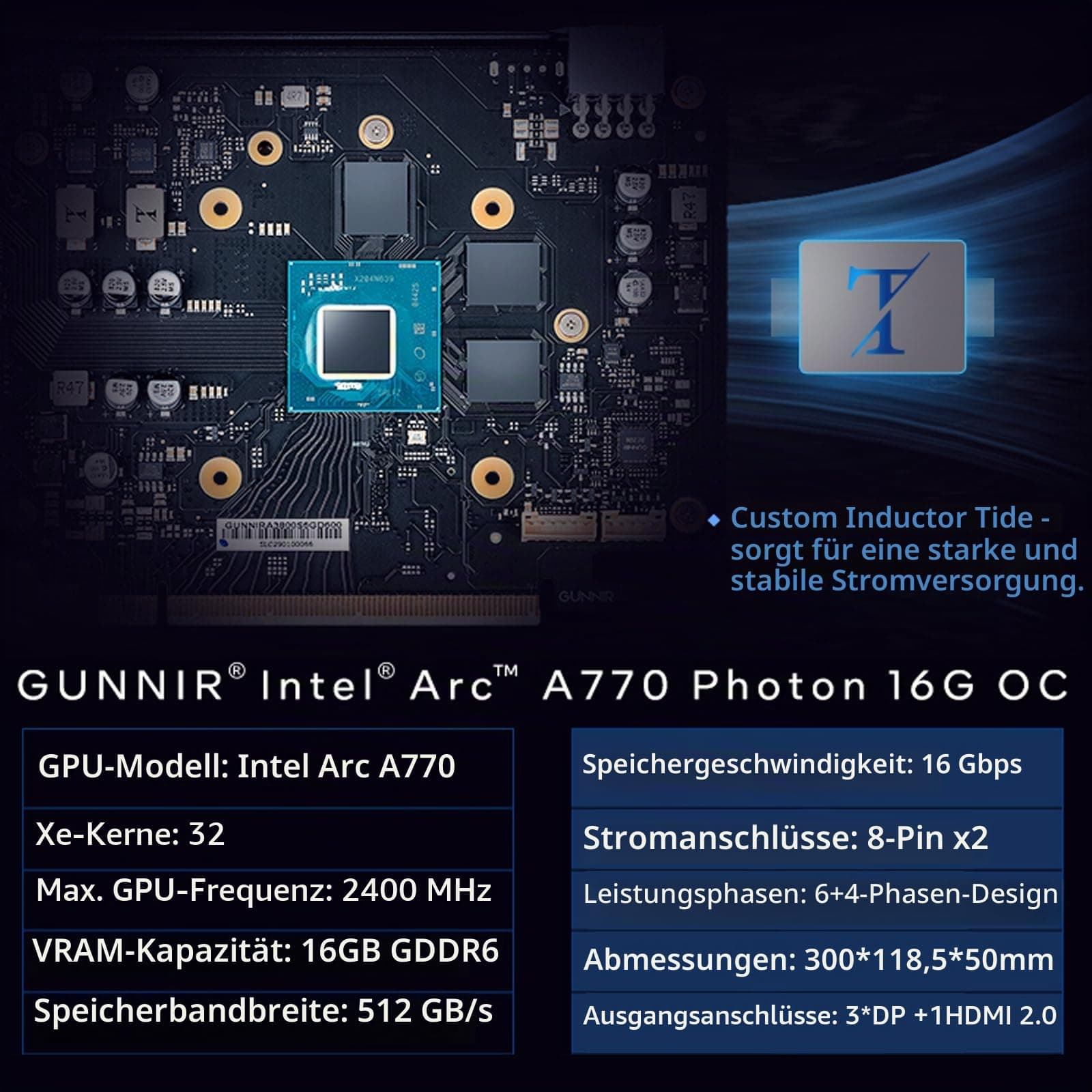 GUNNIR Intel Arc A770 Photon 16GB OC GDDR6 2400MHz Triple Fan Grafikkarte, 2400MHz GDDR6, 3xDP 2.0 + HDMI 2.0, Intel GPU für 4K Gaming & Content Creation & VR (Weiß) Bild 5