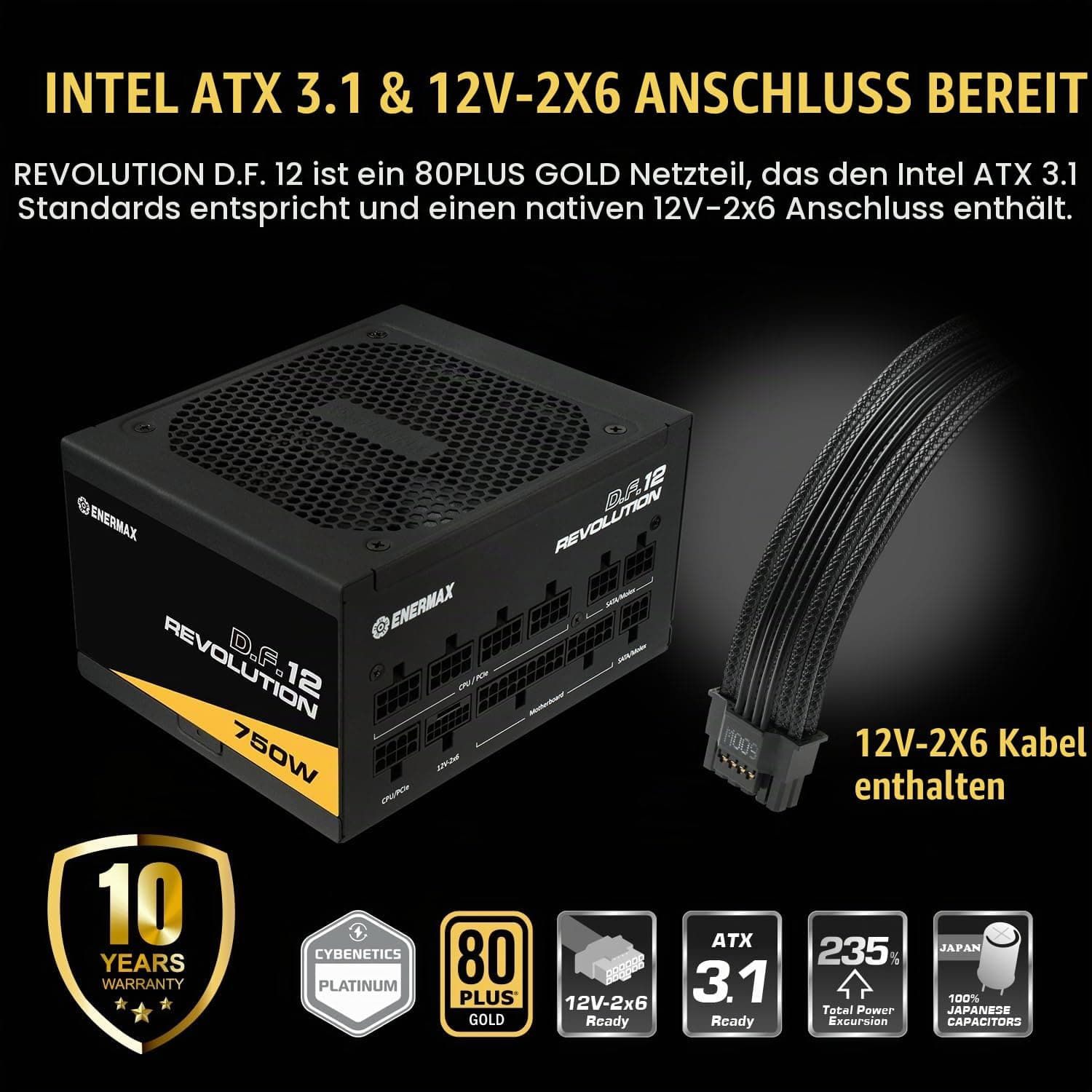 ENERMAX Revolution D.F. 12 ATX3.1 PCI-e 5.1 Ultrakompakt 750W Netzteil 80Plus Gold (Vollmodular, 50% Semi-Fanless, 12V-2x6); ETV750G, schwarz Bild 3