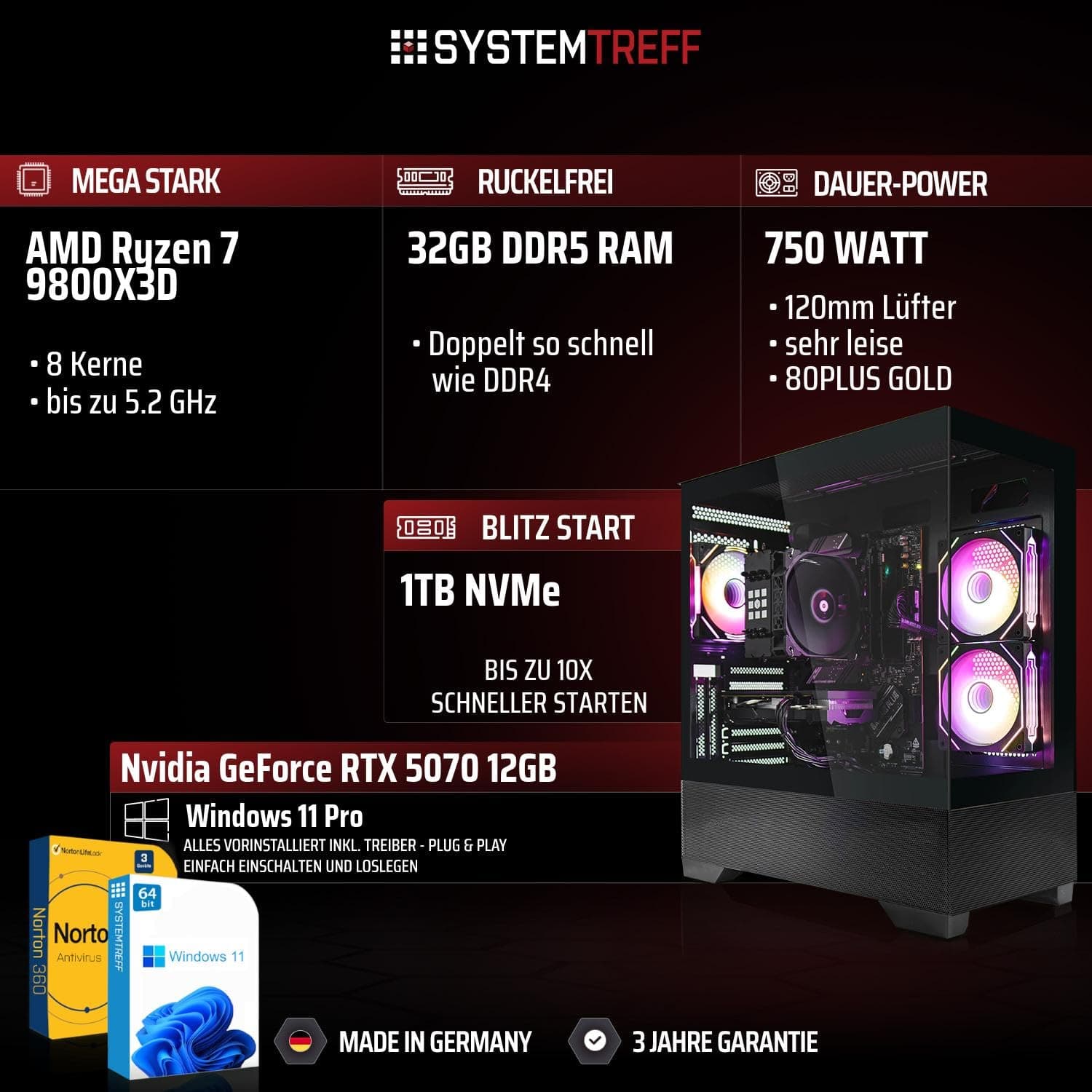 SYSTEMTREFF High-End Gaming PC AMD Ryzen 7 9800X3D 8x5.2GHz | Nvidia RTX 5070 12GB DX12 | 1TB M.2 NVMe | 32GB DDR5 RAM | Windows 11 | Desktop Computer Rechner für Gamer, Zocker & Streamer Bild 2