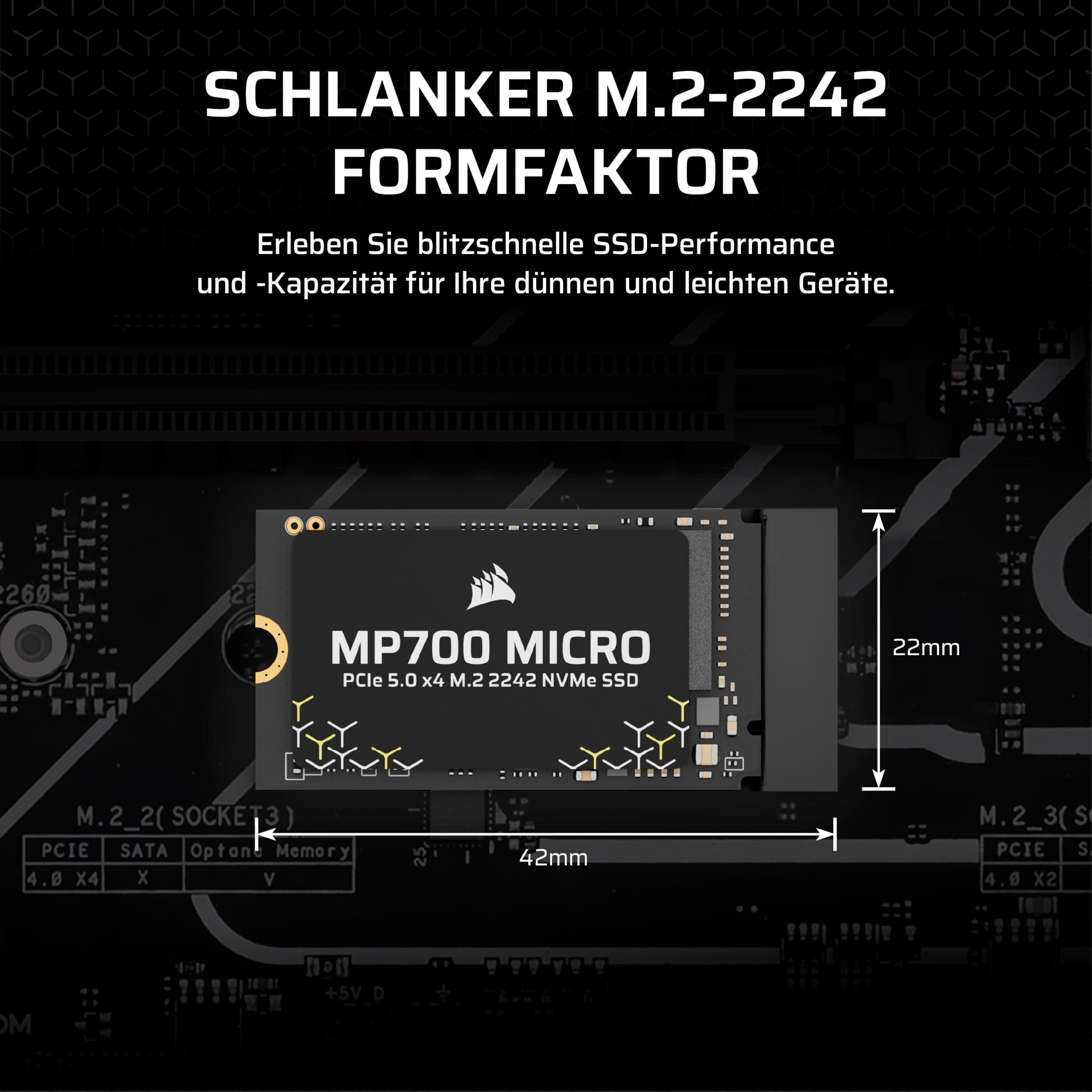 Corsair MP700 Micro 2TB PCIe 5.0 NVMe M.2 2242 SSD – Bis zu 10.000 MB/s Lesen, 8.500 MB/s Schreiben – Gen5 Geschwindigkeit für Laptops & Mini-PCs – Schwarz Bild 3