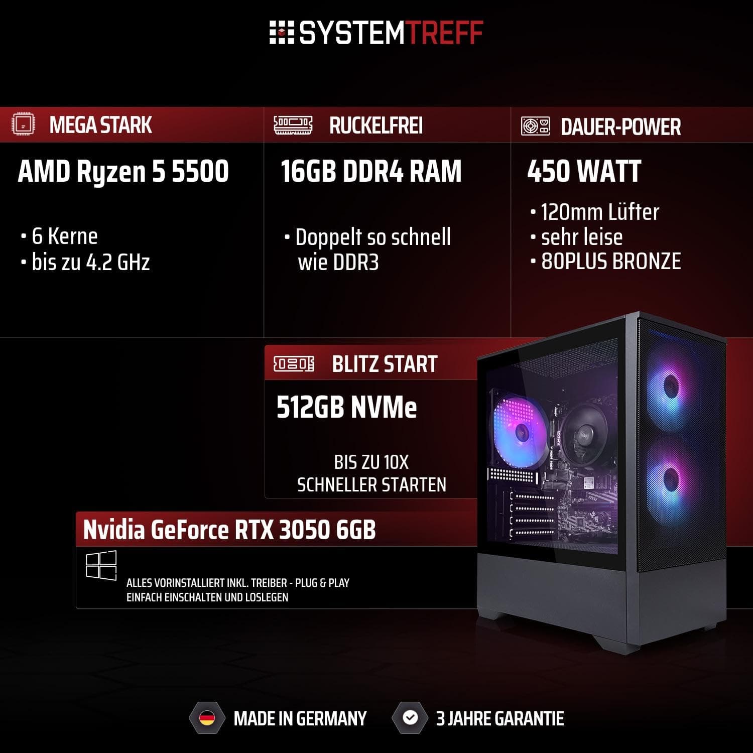 SYSTEMTREFF Basic Gaming PC AMD Ryzen 5 5500 6x4.2GHz | Nvidia RTX 3050 6GB DX12 | 512GB M.2 NVMe | 16GB DDR4 RAM | WLAN Desktop Computer Rechner für Gamer, Zocker & Streamer Bild 2