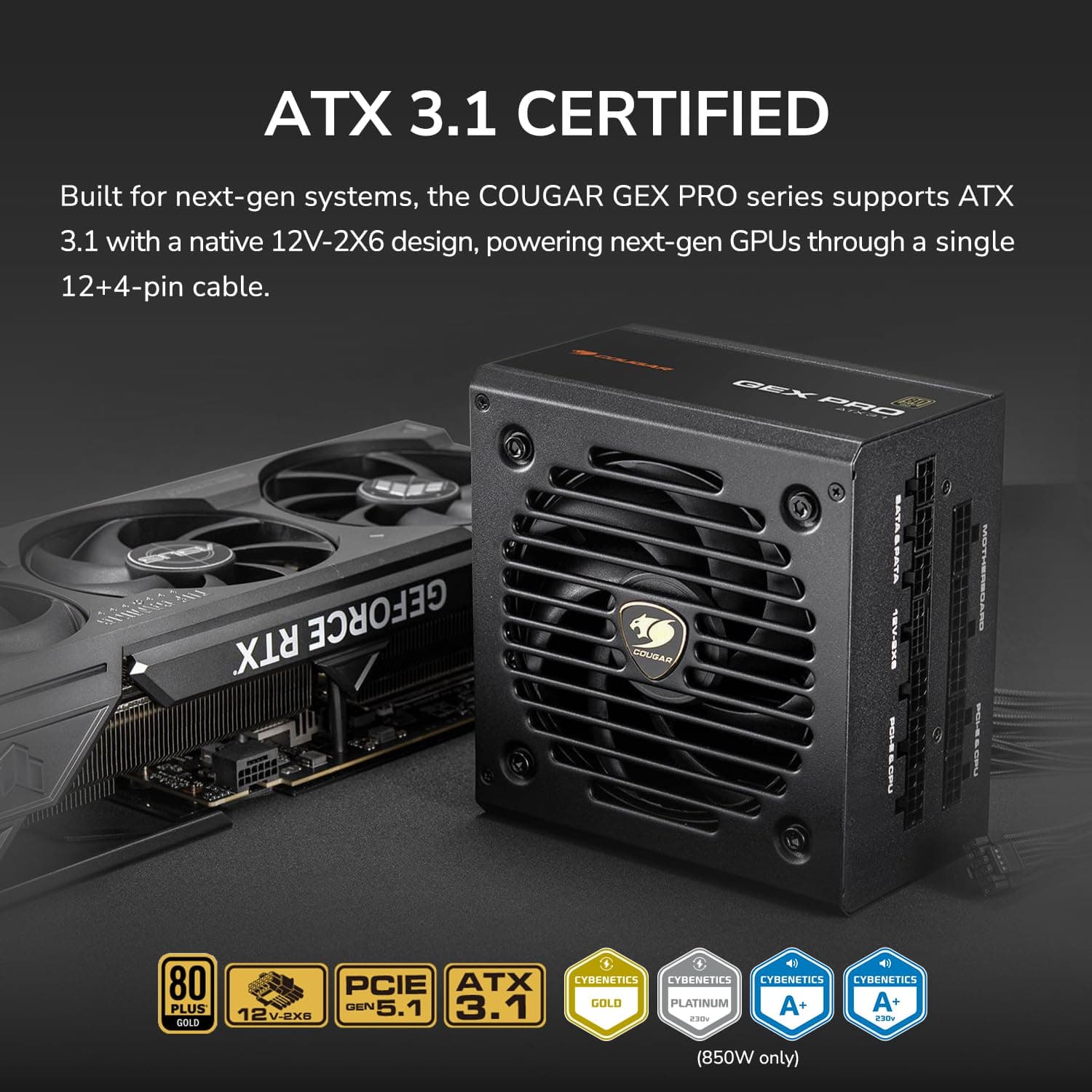 Cougar GEX PRO 750 Vollmodulares Netzteil: PCI Express 5.1, 12+4-poliger Stecker, 80 Plus Gold Zertifiziert, langlebiger HDB-Lüfter, hydrodynamisches Lager, ATX 3.1 Zertifiziert, weniger Lärm Bild 3