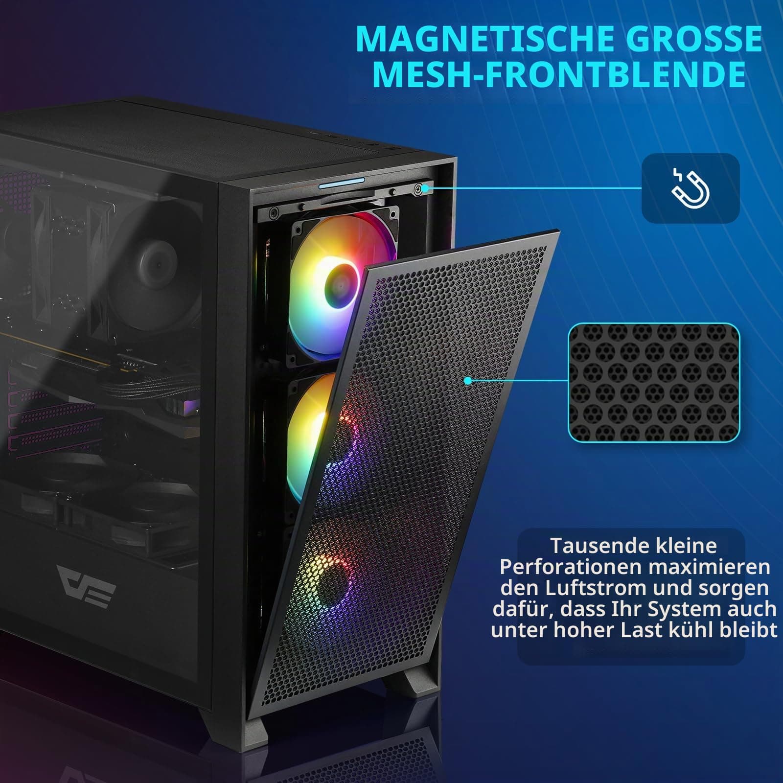 darkFlash ATX Mid-Tower Gaming-PC-Gehäuse, vorinstallierte 3x120mm RGB-Lüfter, abnehmbare große Mesh-Frontblende, USB 3.0-fähig, Seitenwand aus gehärtetem Glas für optimale Belüftung, Schwarz (DRX70) Bild 4