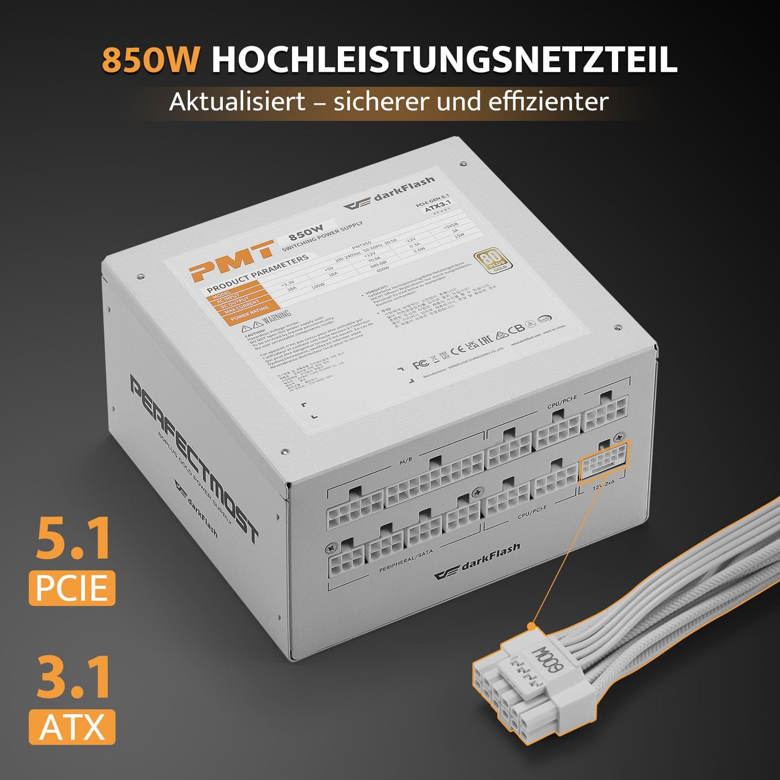 darkFlash PMT850 Vollmodulares ATX 3.1-Netzteil, 80 Plus Gold Effizienz, PCIe 5.1 & 12VHPWR-Unterstützung, 100% Japanische 105°C-Kondensatoren, Kompakte 150-mm-Bauweise (Weiß) 850 Watts Weiß Bild 3