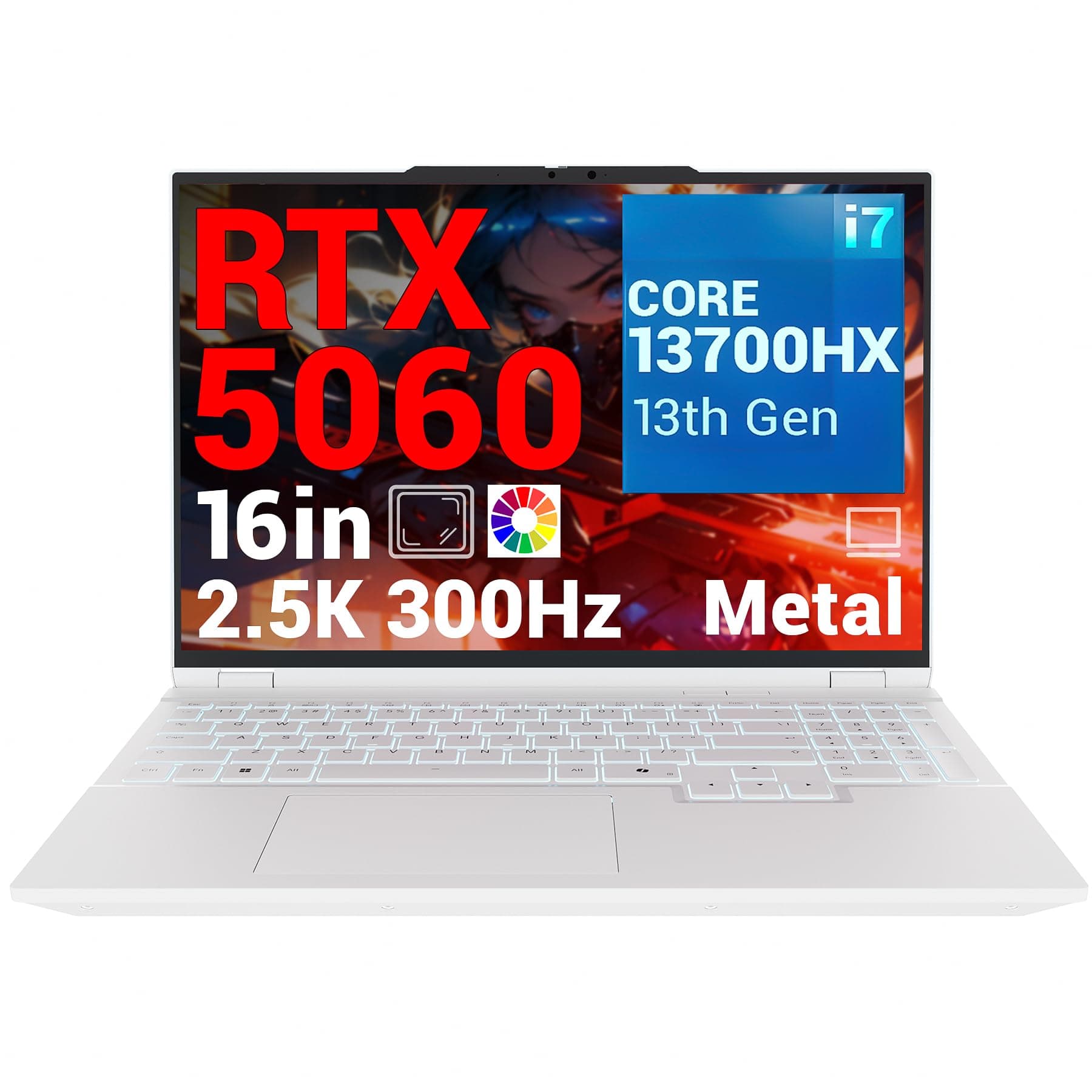 Gaming Laptop, 16'' QHD 300Hz (2560x1600) 2,5K, Core i7-13700HX, RTX 5060, 16GB DDR5 RAM, 1TB PCIe 4.0 SSD, 500nits, Wi-Fi 6E, BT5.3, Metall, Backlit, Weiß, Für Gamer & Content Creator