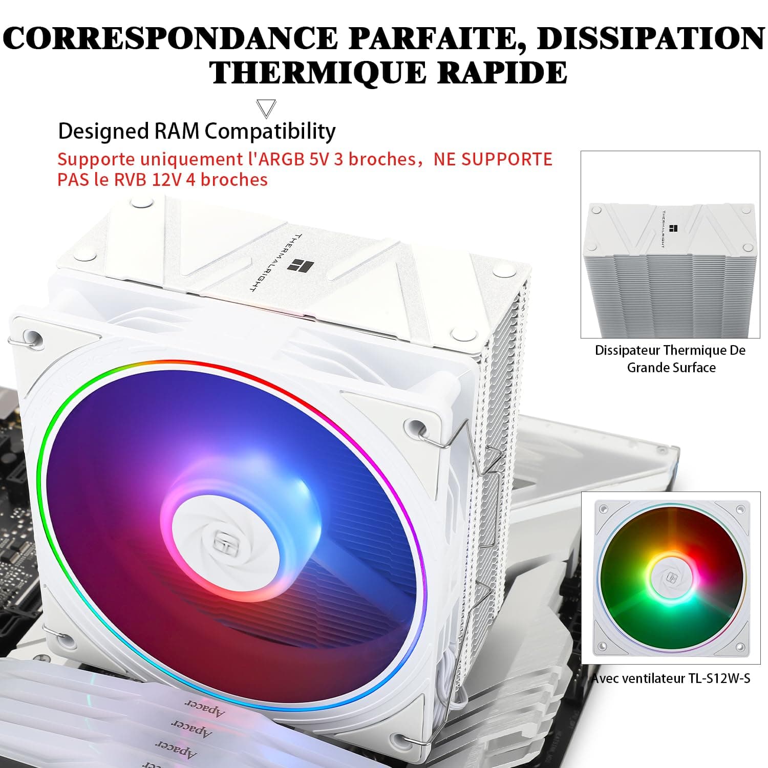 TR Assassin Spirit 120 EVO WEISS ARGB CPU-Kühler, 4 Heatpipes, TL-S12W-S PWM Schalldämpfer ARGB CPU-Lüfter Luftkühler, Unterstützung AMD AM4 /AM5&Intel 1700/1150/1151/1200 Bild 5