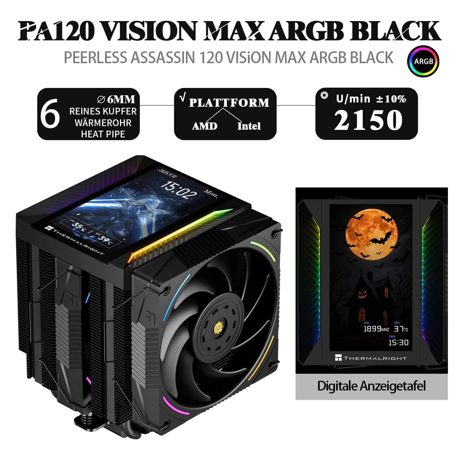 TR-Thermalright Peerless Assassin 120 Vision MAX ARGB Black CPU-Kühler, Dual-Tower-Design mit 6 Heatpipes und 5 Zoll IPS-Display, zwei 120mm PWM-Lüfter, für AM5/AM4 und Intel LGA1851/1700/115x/1200 Bild 3