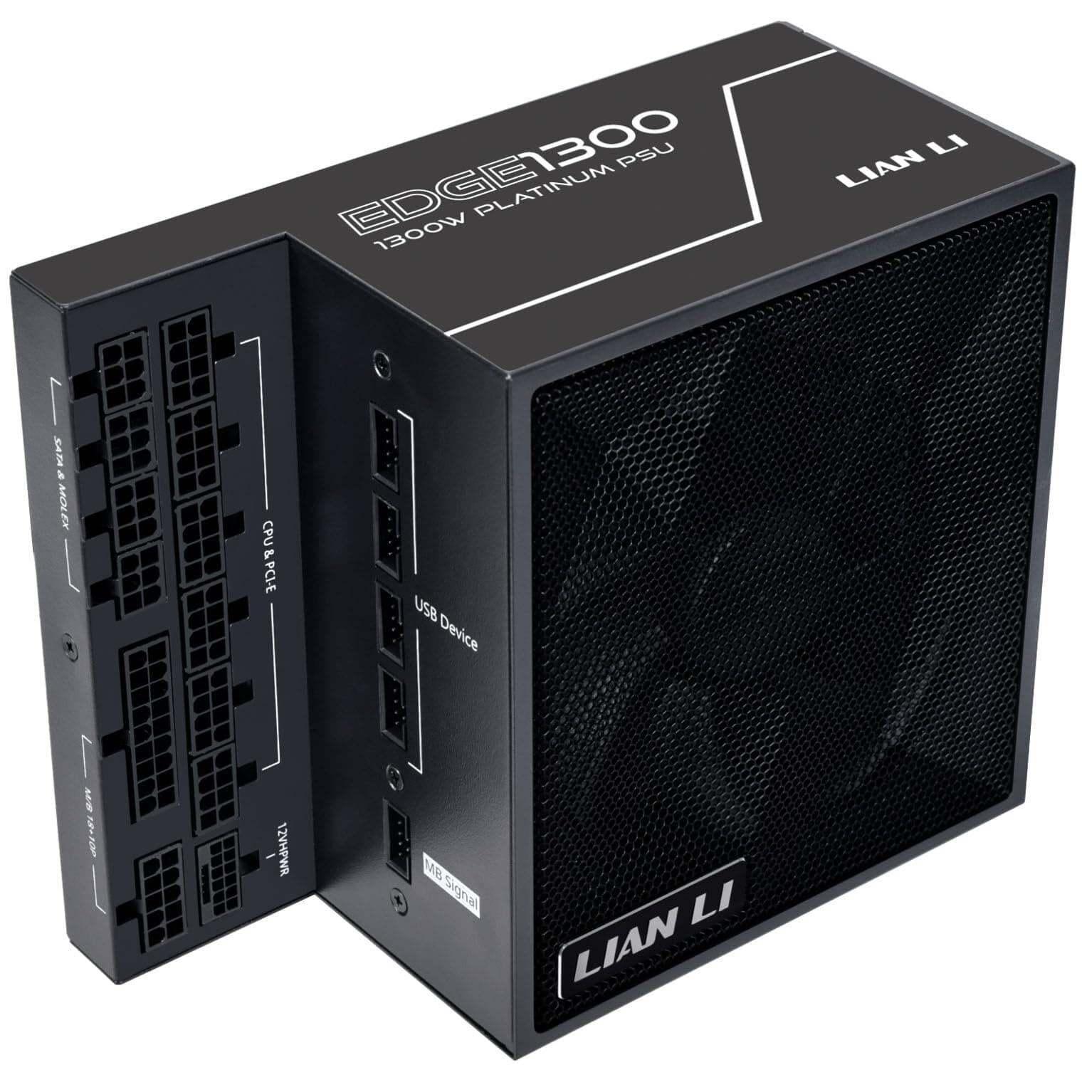 Lian Li Edge EG1300 PC Netzteil, 1300 Watt, PCIe 5.1, ATX 3.0 PSU | ATX 3.1, 80 Plus Platinum, modular, mit Sleeved Cable Kit, 12VHPWR für NVIDIA RTX, leiser Lüfter, integrierter USB Hub - Schwarz 1300W Schwarz