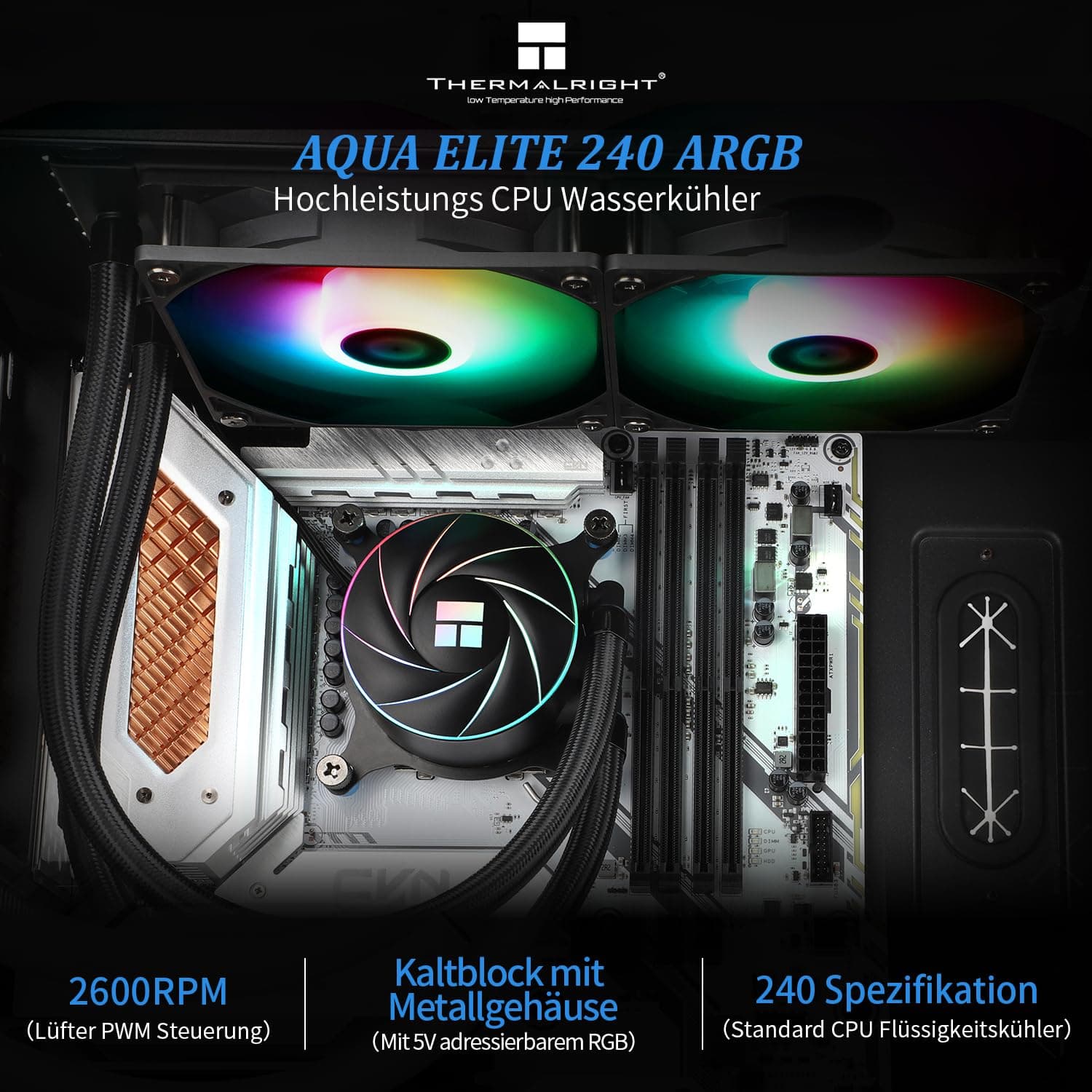 THERMALRIGHT Aqua Elite 240 ARGB Flüssig-CPU-Kühler, 240 Kühlreihen, 2 x 120mm PWM-Lüfter,für AM4/AM5, Intel LGA1150/1151/1155/1156/1200/1851/1700(Schwarz) Bild 2