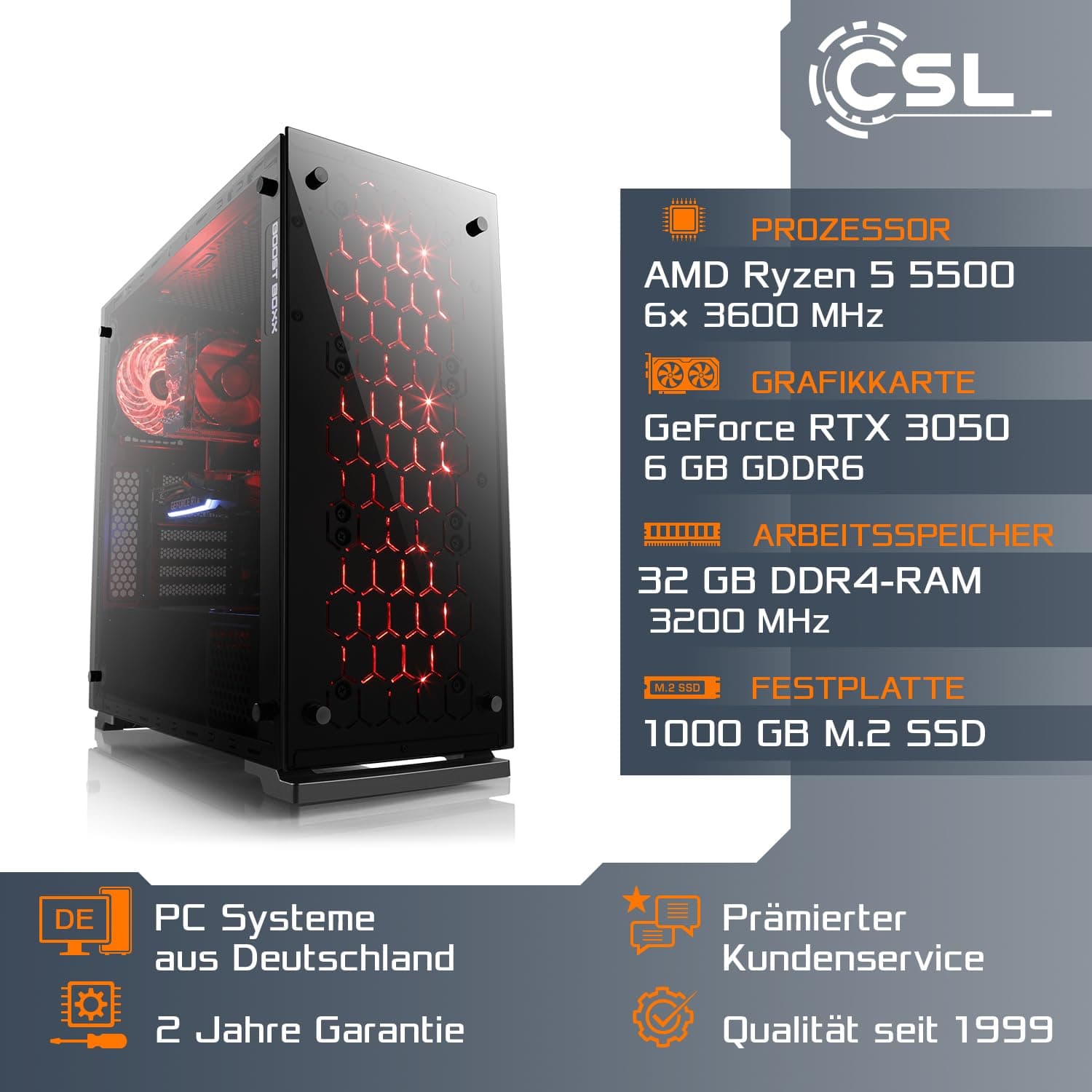 Gaming PC mit Windows 11 Home | AMD Ryzen 5 5500 6x3.6GHz | RTX 3050 | 1000GB M.2 NVMe | 32GB DDR4 RAM | WLAN | Computer für Zocker, Gamer Desktop Rechner zum Spielen | A10170 Vega 1000.0 GB 32.0 GB RTX 3050 Windows 11 Home Bild 2