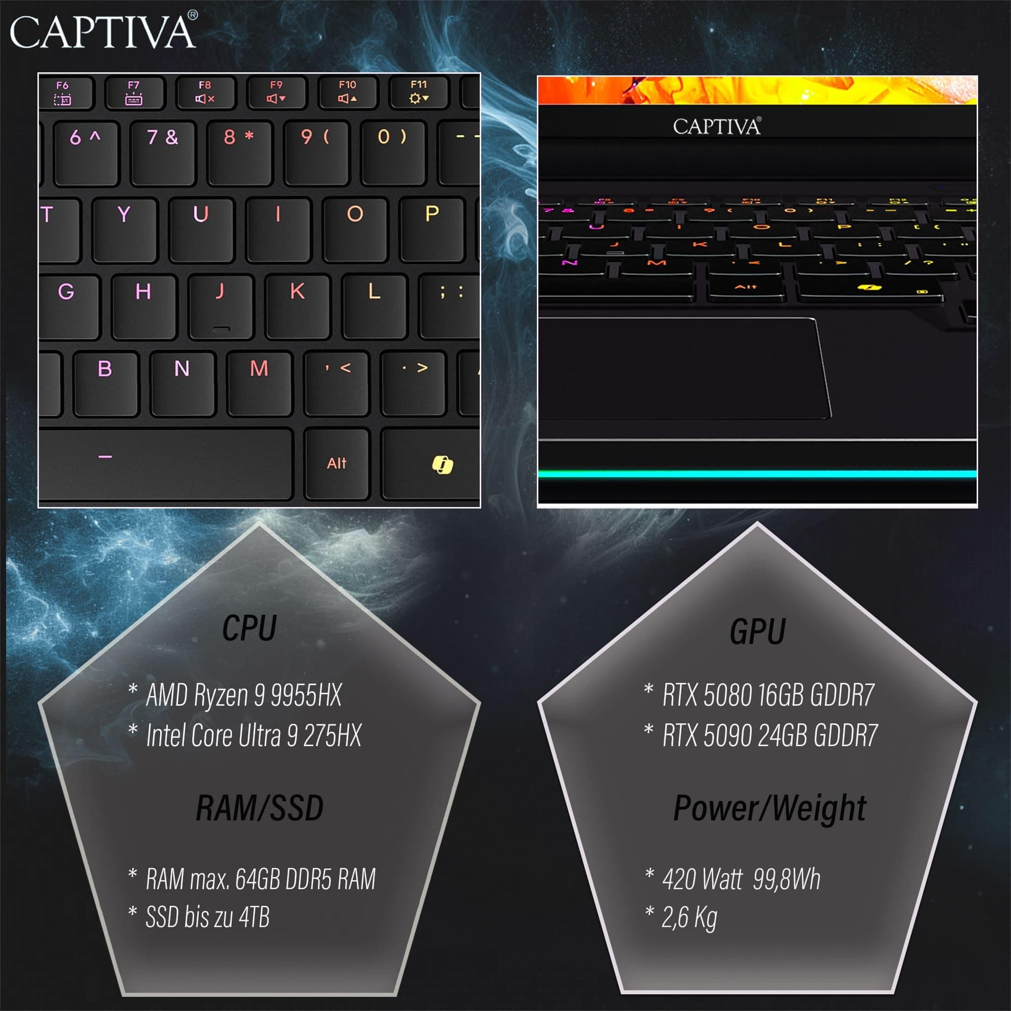 Captiva Notebook Highend Gaming R92-257 | AMD Ryzen 9 9955HX | 32GB DDR5 RAM | GeForce RTX 5080 16GB | 2 TB SSD | 16 Zoll WQXGA 300Hz | ohne OS Bild 7
