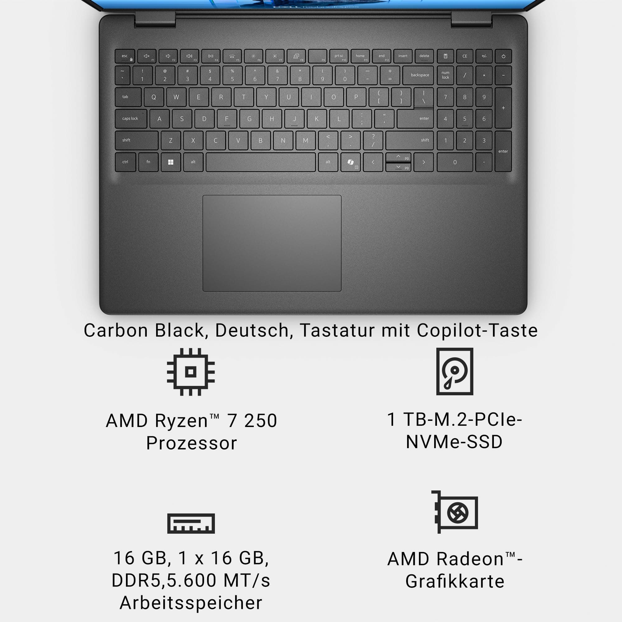 Dell 16 Laptop DC16255 16" 2K IPS Anti-Glare Display, AMD Ryzen 7 250, AMD Radeon Graphics, 16GB RAM, 1TB SSD, Windows 11 Home, QWERTZ-Backlit-Keyboard, Wi-Fi 6, USB-C – Black Ryzen 7 250 16 GB 1TB SSD Bild 8